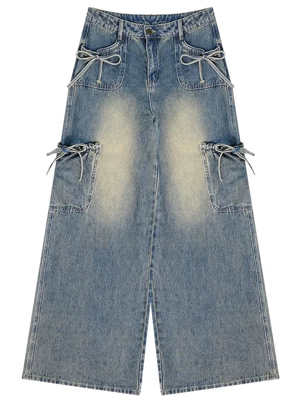 Ribbon-Tie High-Waist Wide-Leg Jeans  f0403