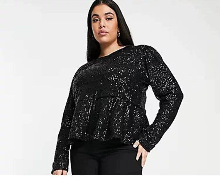 Sequin Belly Cover Lotus Leaf Long Sleeve T-Shirt F0437