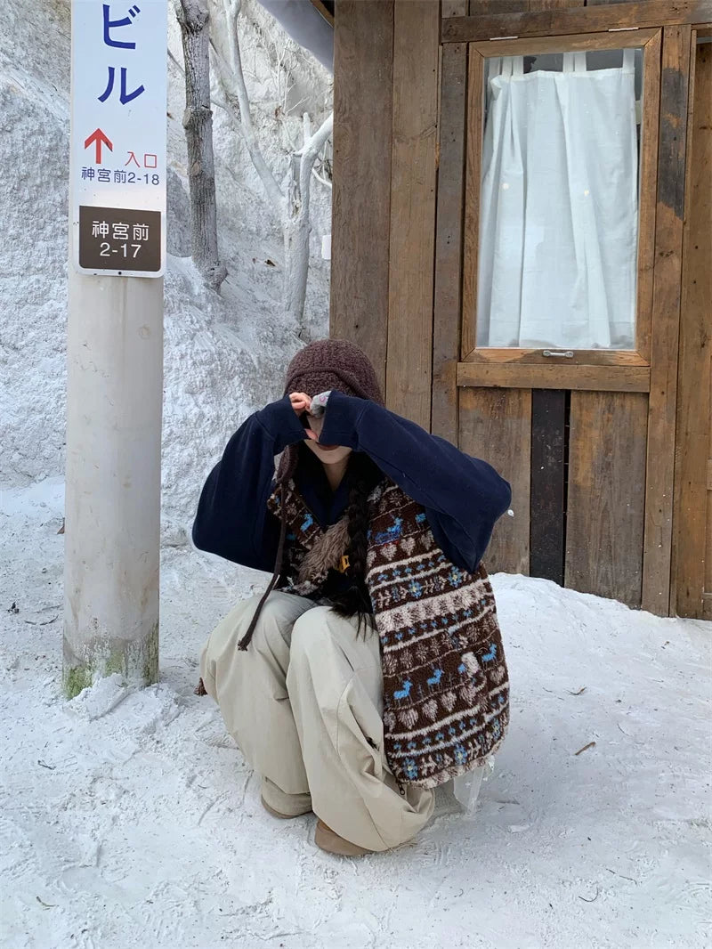 Vintage lamb wool short stand-up collar pattern vest f0279
