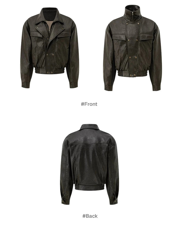 Silhouette zipper double neck locomotive leather jacket f0259