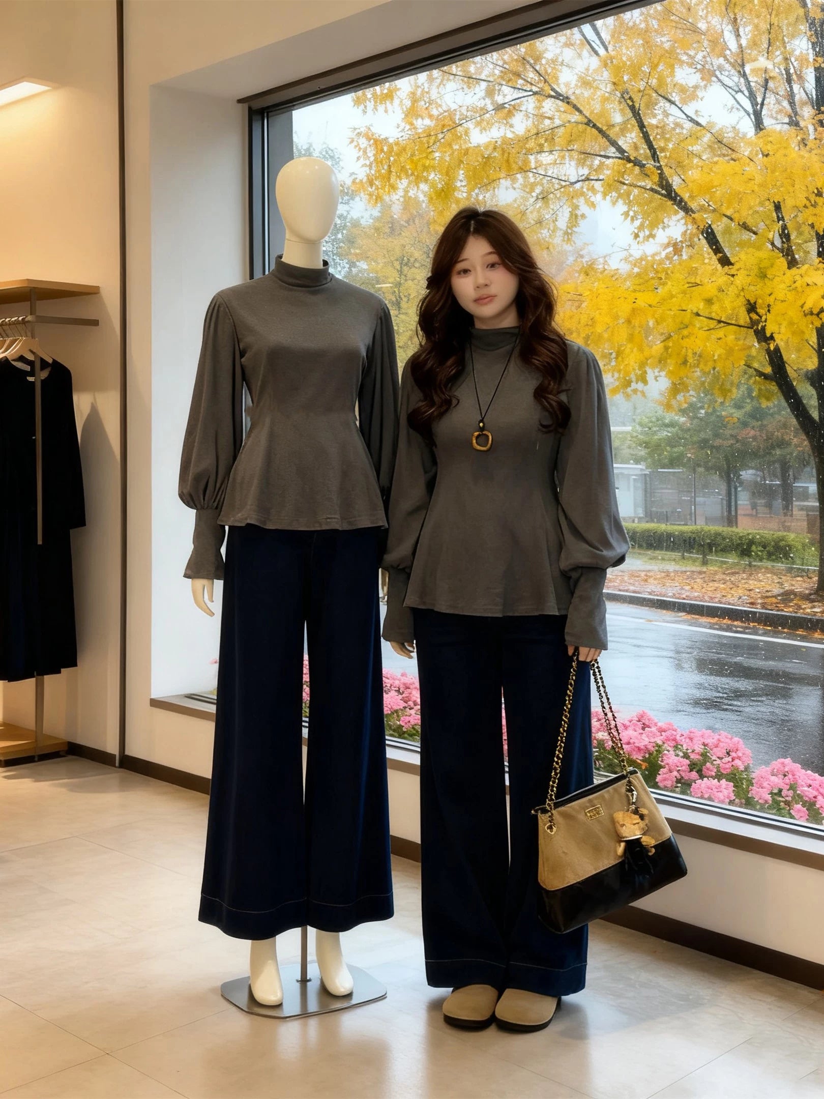 Grey half turtleneck long-sleeved t-shirt with f0286 inside