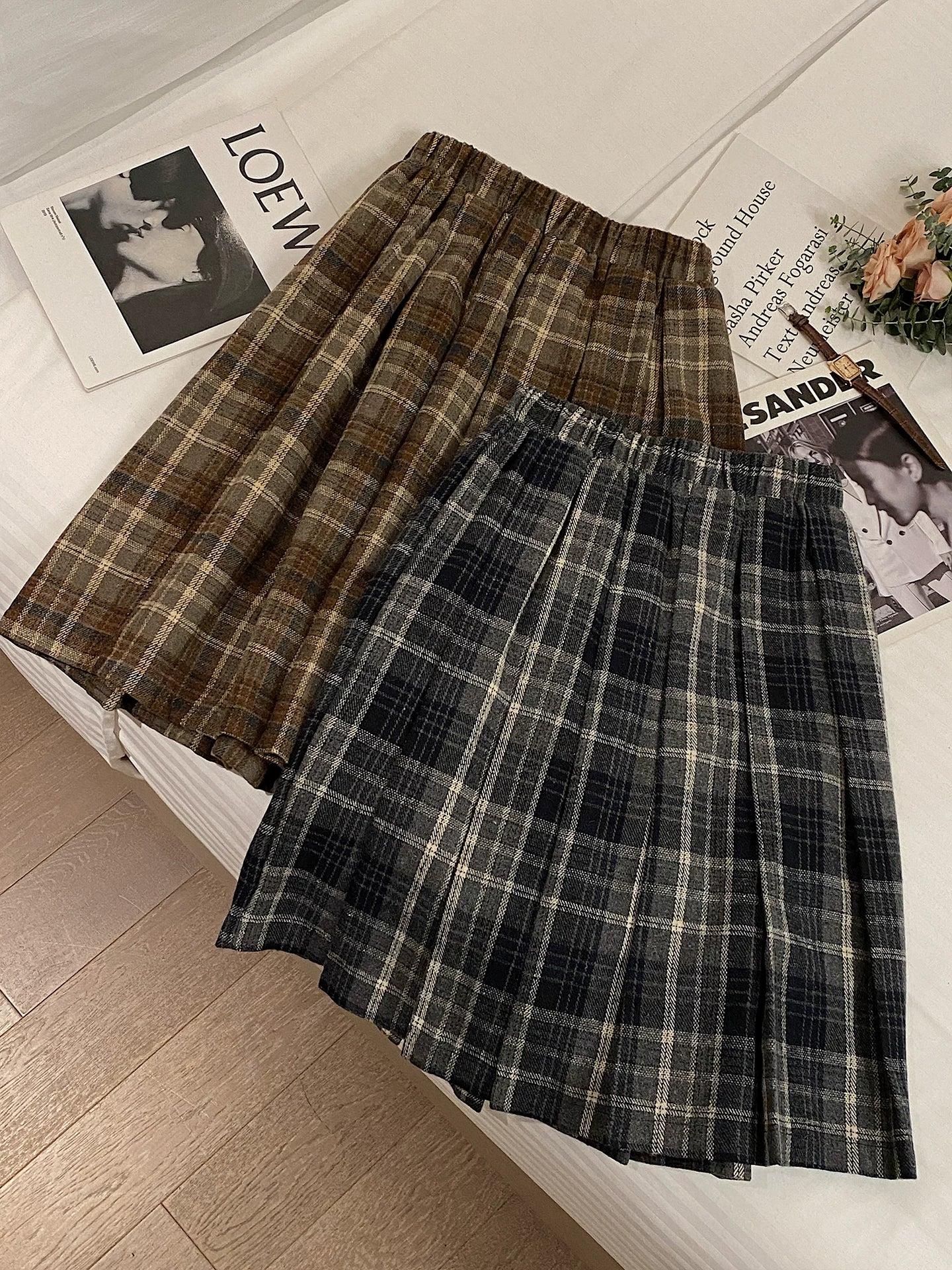 Vintage woolen plaid pleated skirt fe0287
