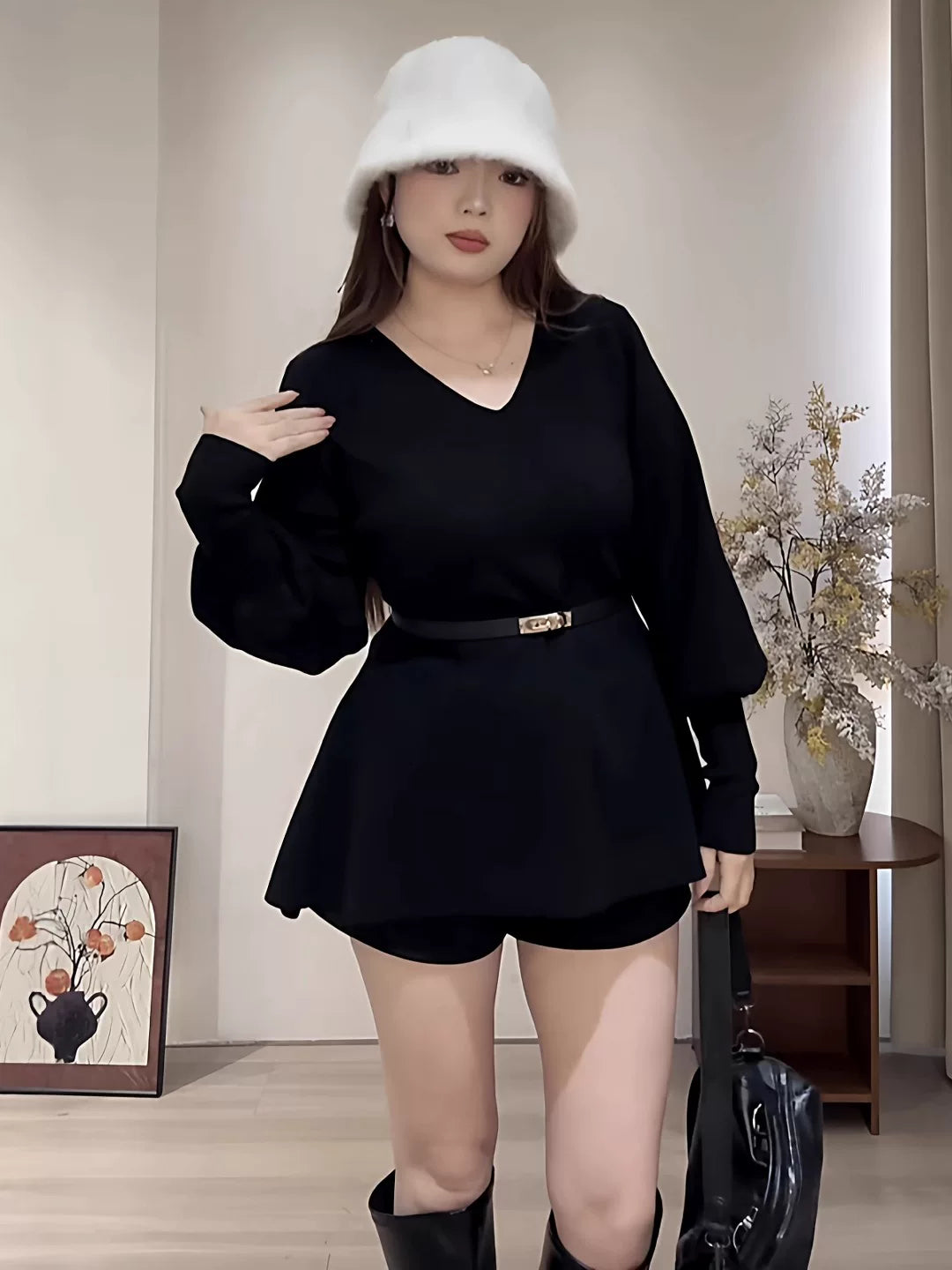 V-neck waist lantern sleeve knitted sweater FE0513