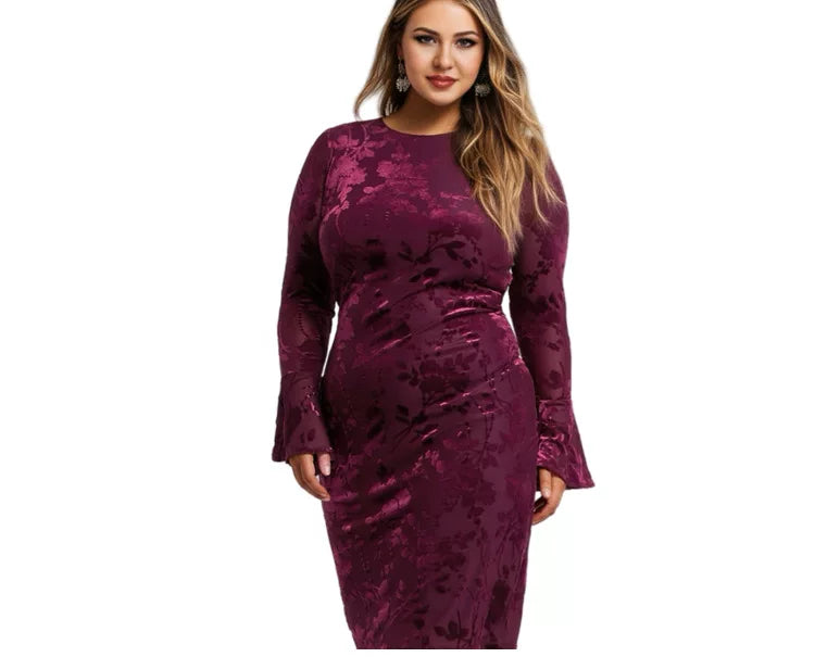 French Flared Sleeve Flocking Medium Long Hip Wrap Skirt F0430