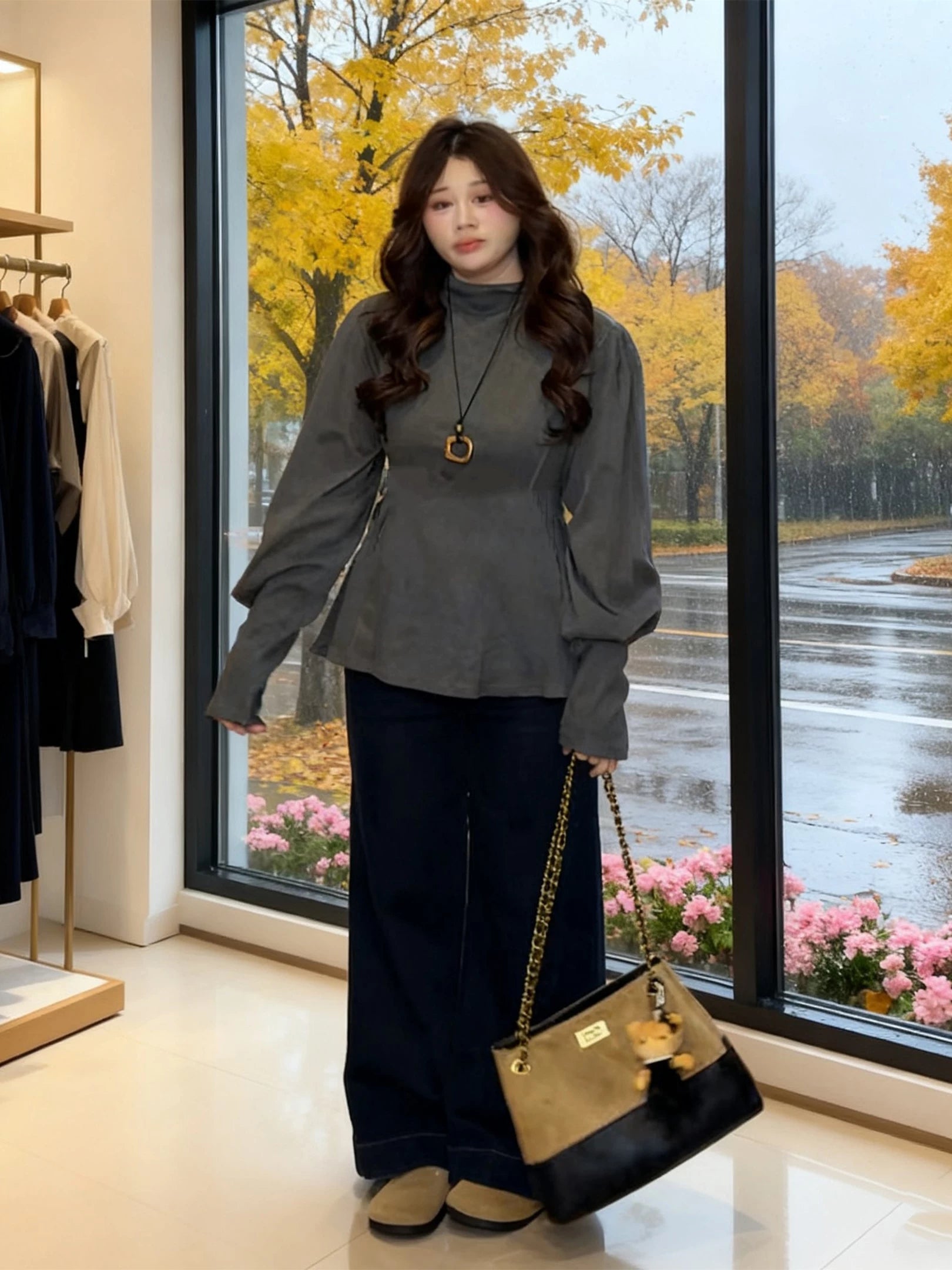 Grey half turtleneck long-sleeved t-shirt with f0286 inside