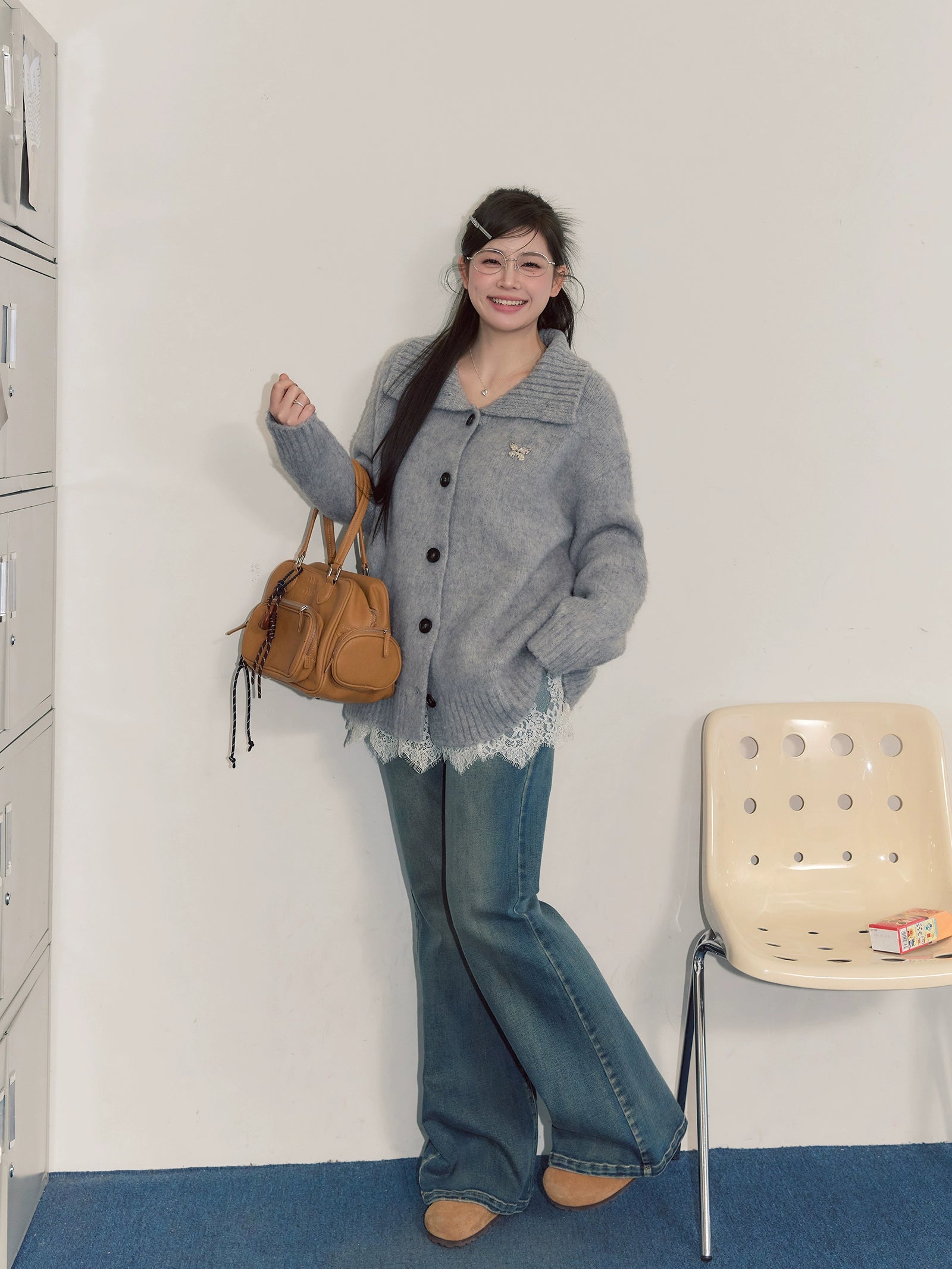 Korean blue denim micro-pull pants C0228