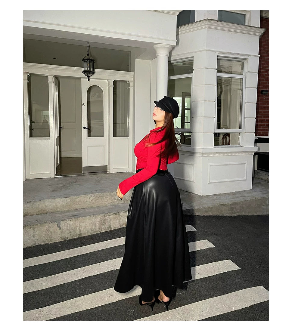 Black high waist A word PU leather skirt FE0497