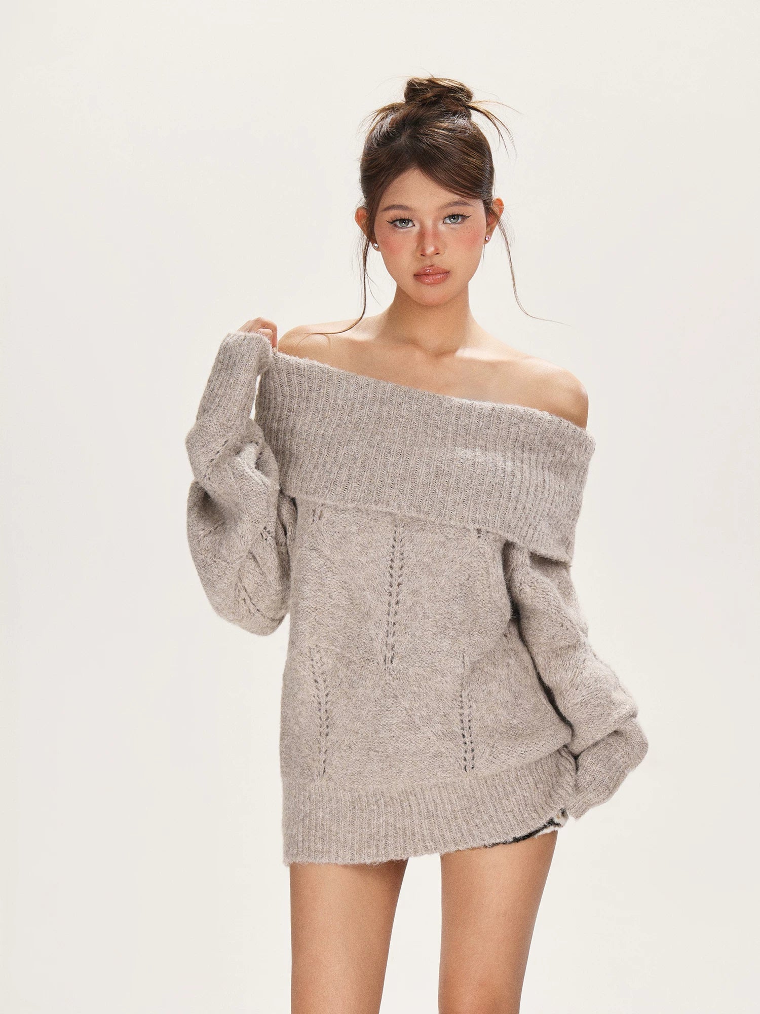 One-word shoulder knitted sweater off-the-shoulder sweater f0306