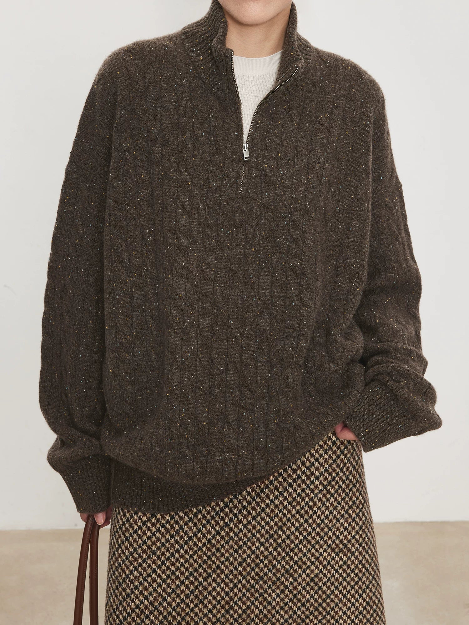 High-end pure cashmere/wool VTG twisted twist half-zipper POLO neck sweater f0266