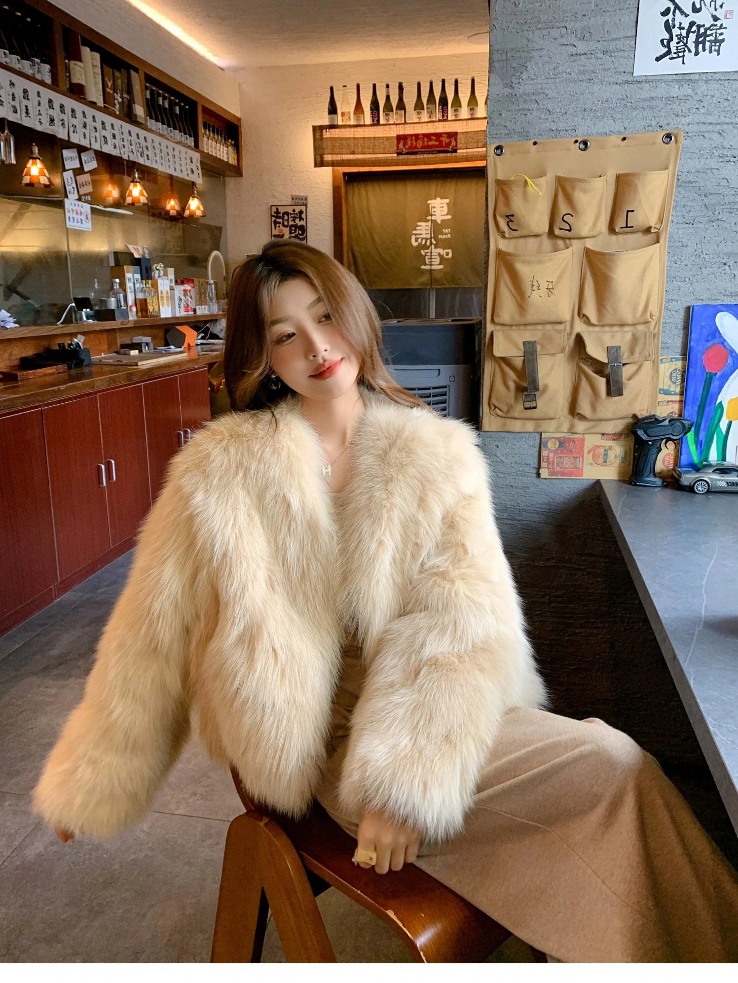 Short V-neck eco-friendly fur fox fur jacket f0305