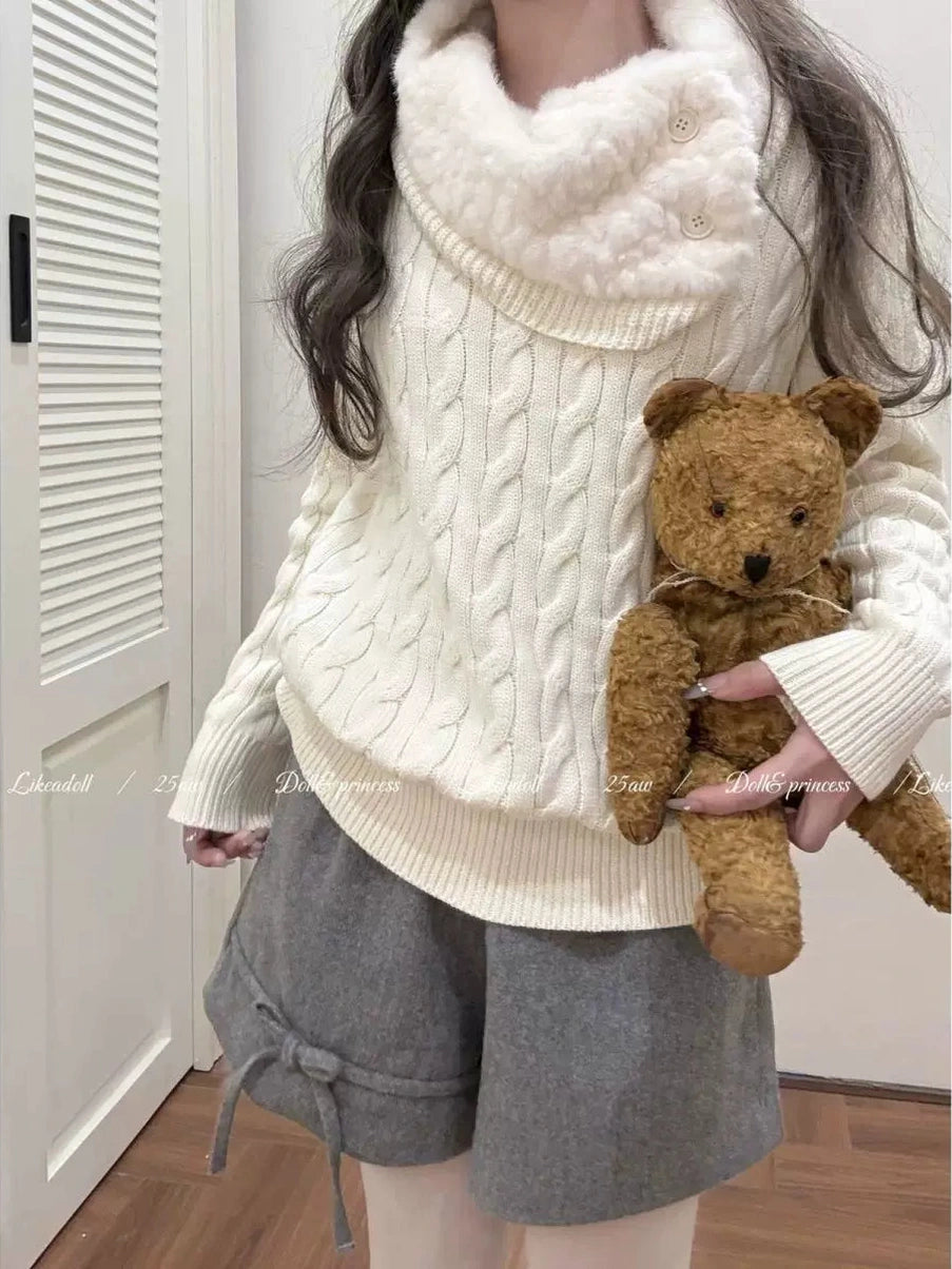 White lapel knit sweater f0276