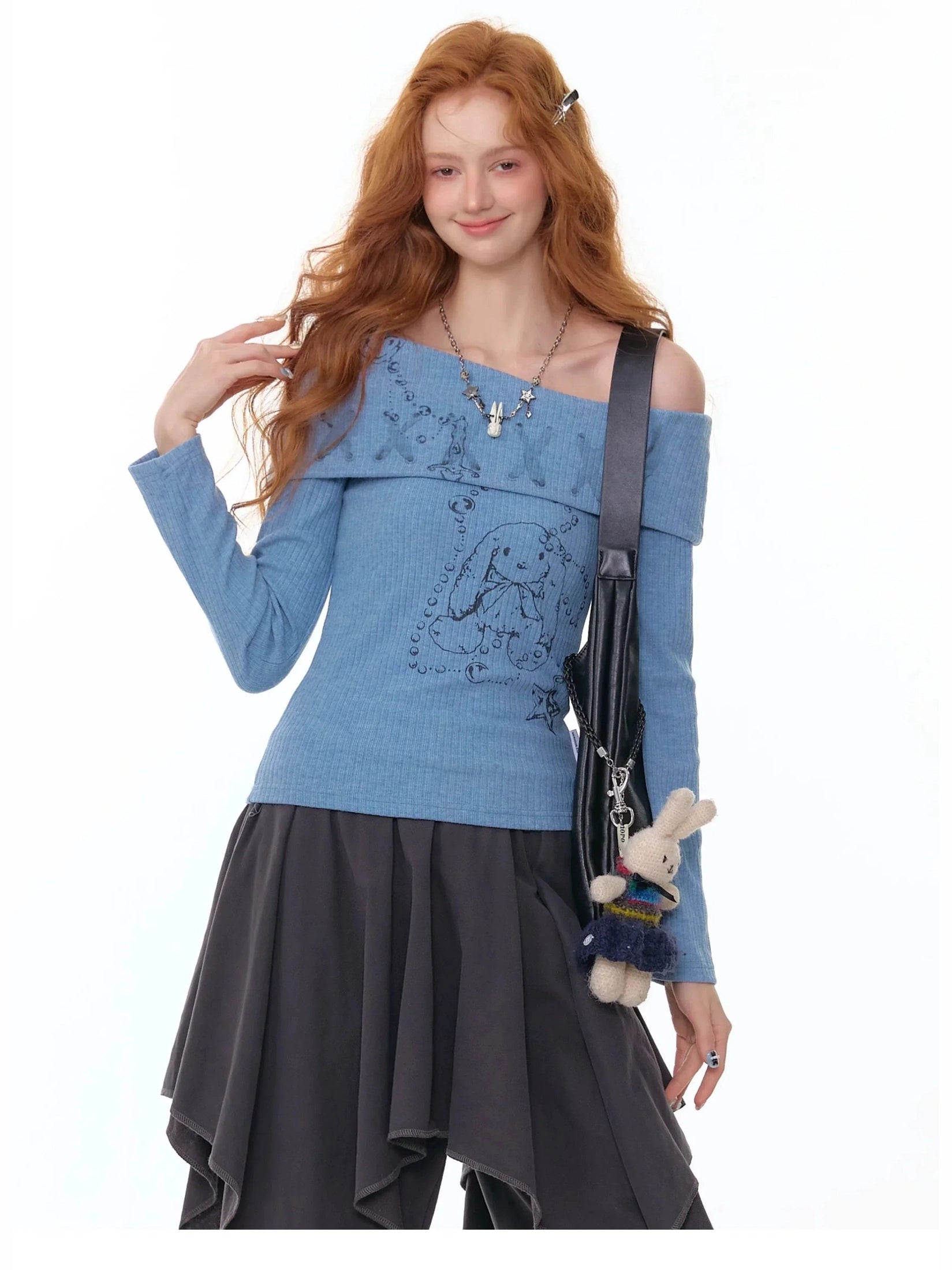 Bunny-Print Off-Shoulder Long Sleeve Top f0356