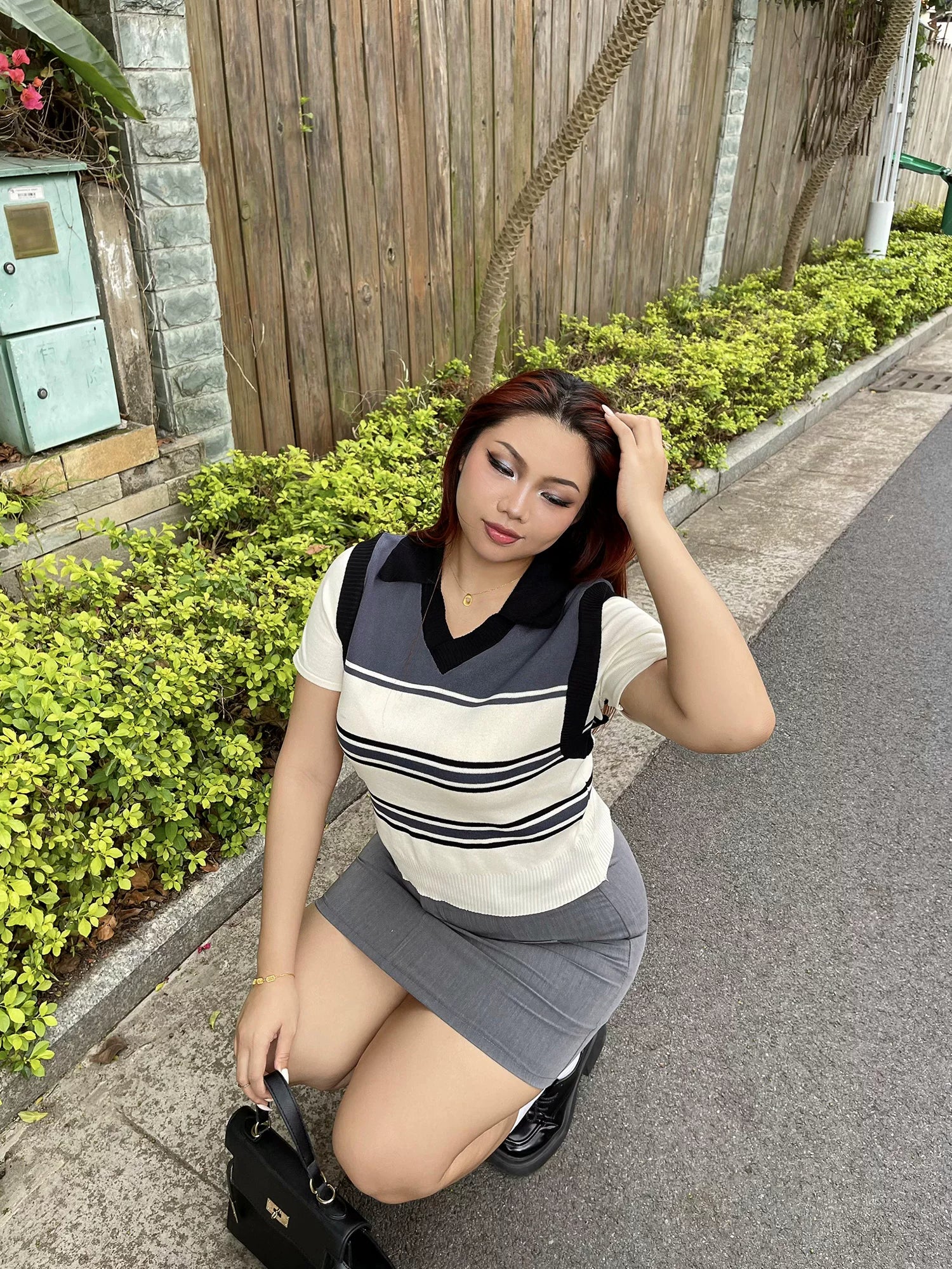 Grey short sleeve  a word high waist hip skirt FE0494