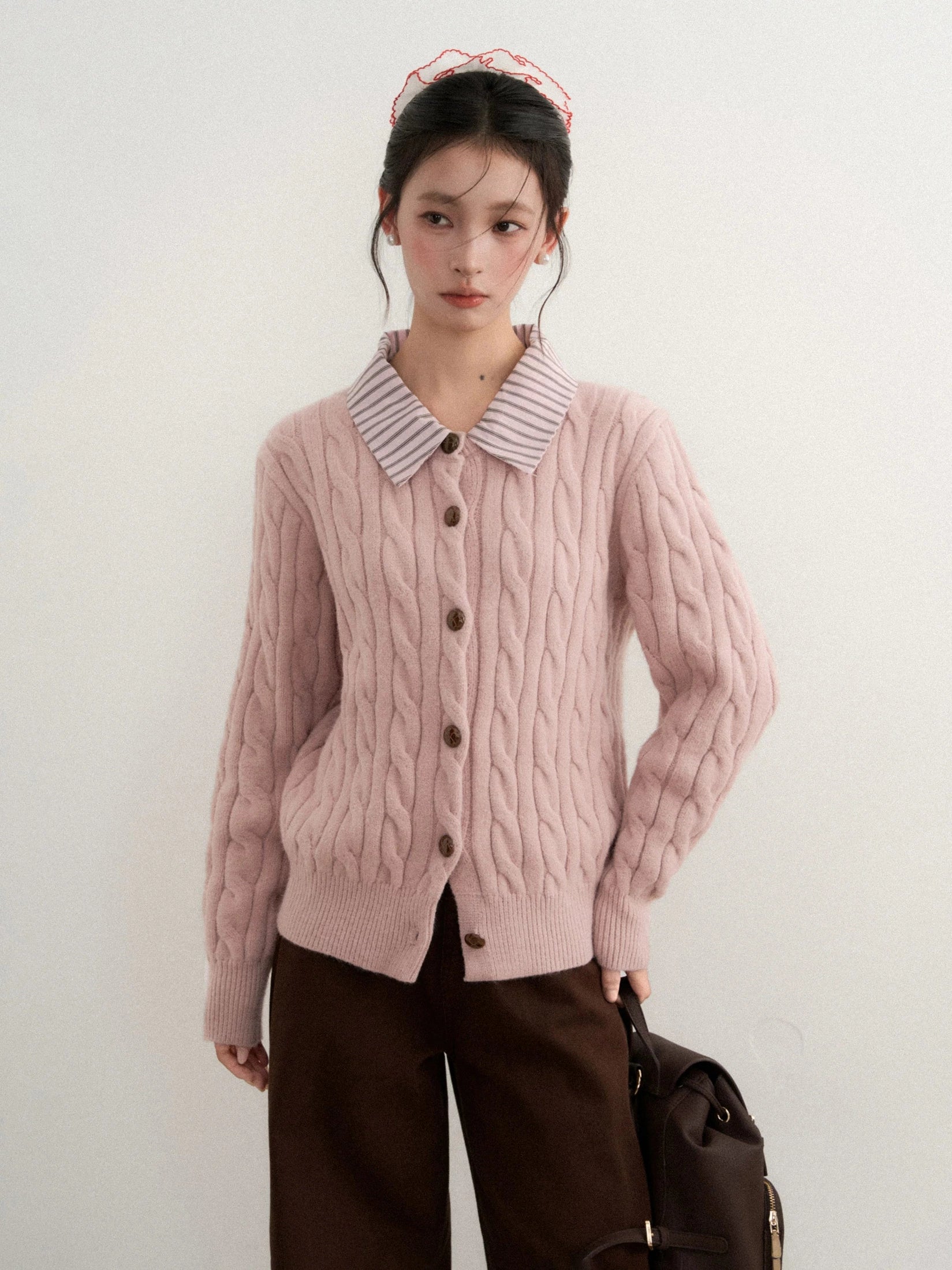 Pink polo neck long-sleeved knitted sweater f0309