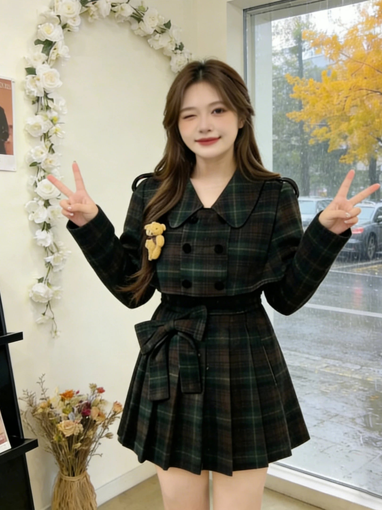 Large size retro plaid cape + pleated skirt two-piece set f0415