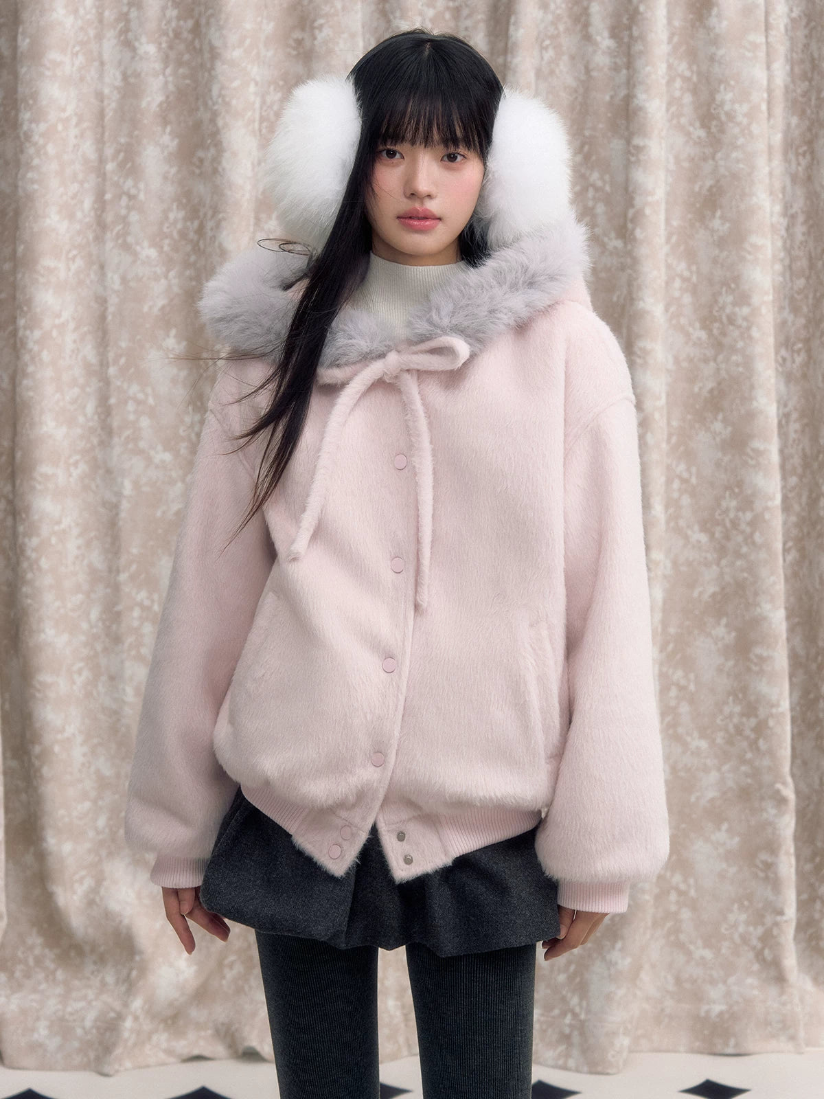 Pink bow hooded fluffy thickened baseball jersey f0270