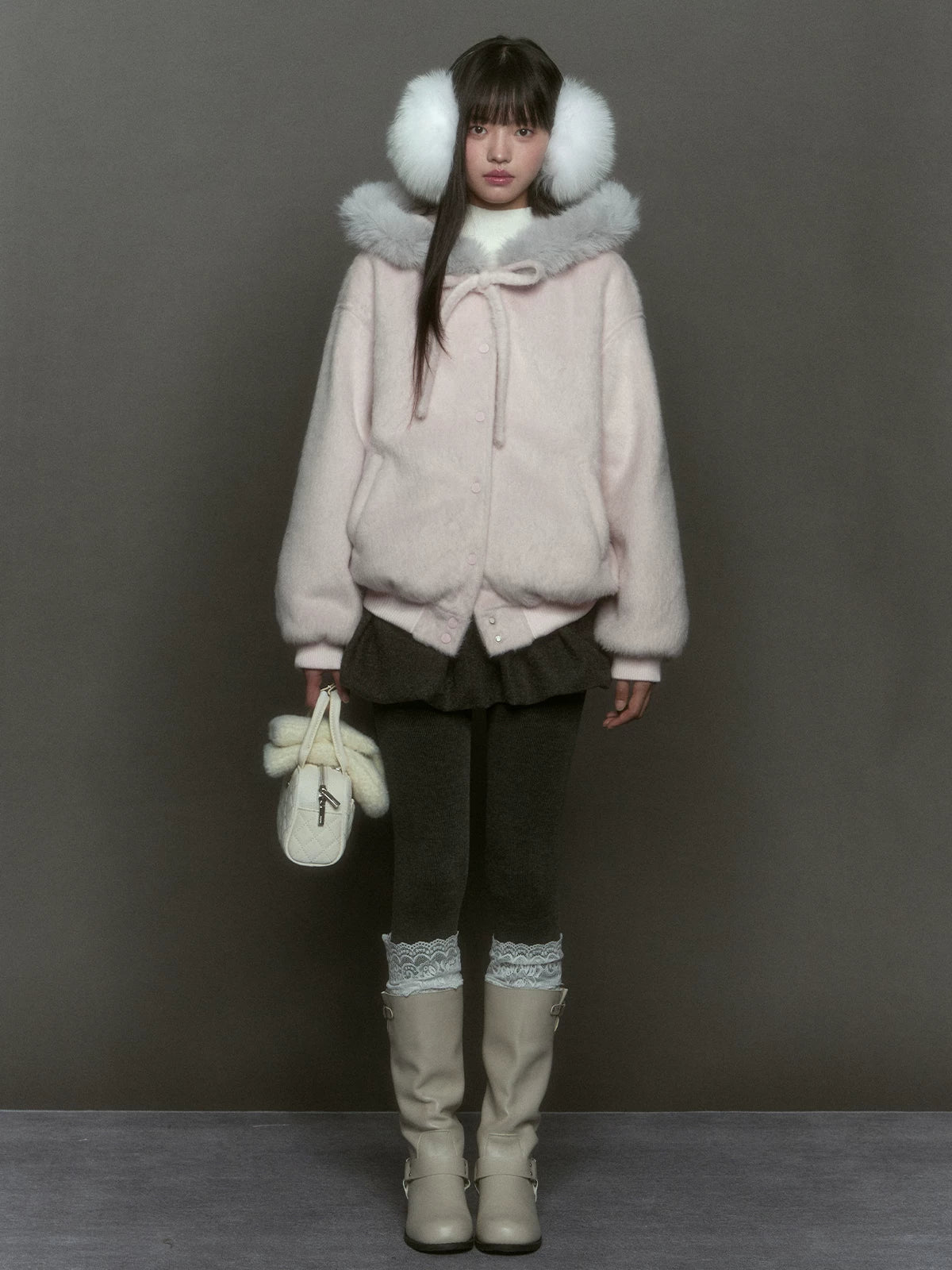 Pink bow hooded fluffy thickened baseball jersey f0270