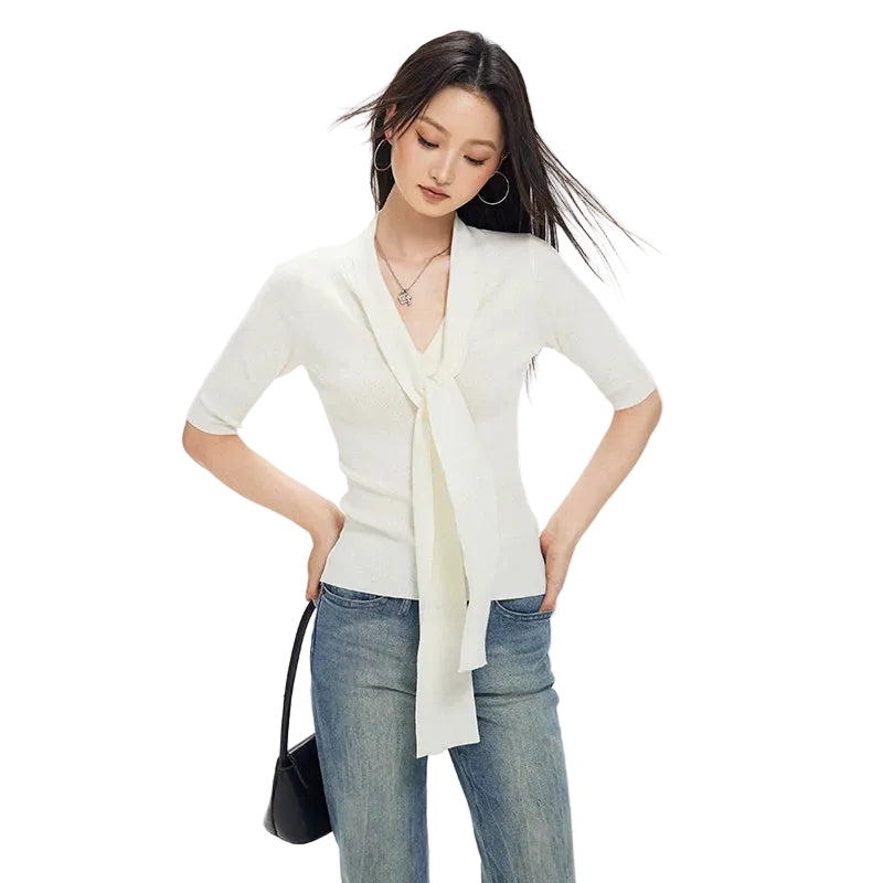 Ribbon design half-sleeve knitted sweater fe0519