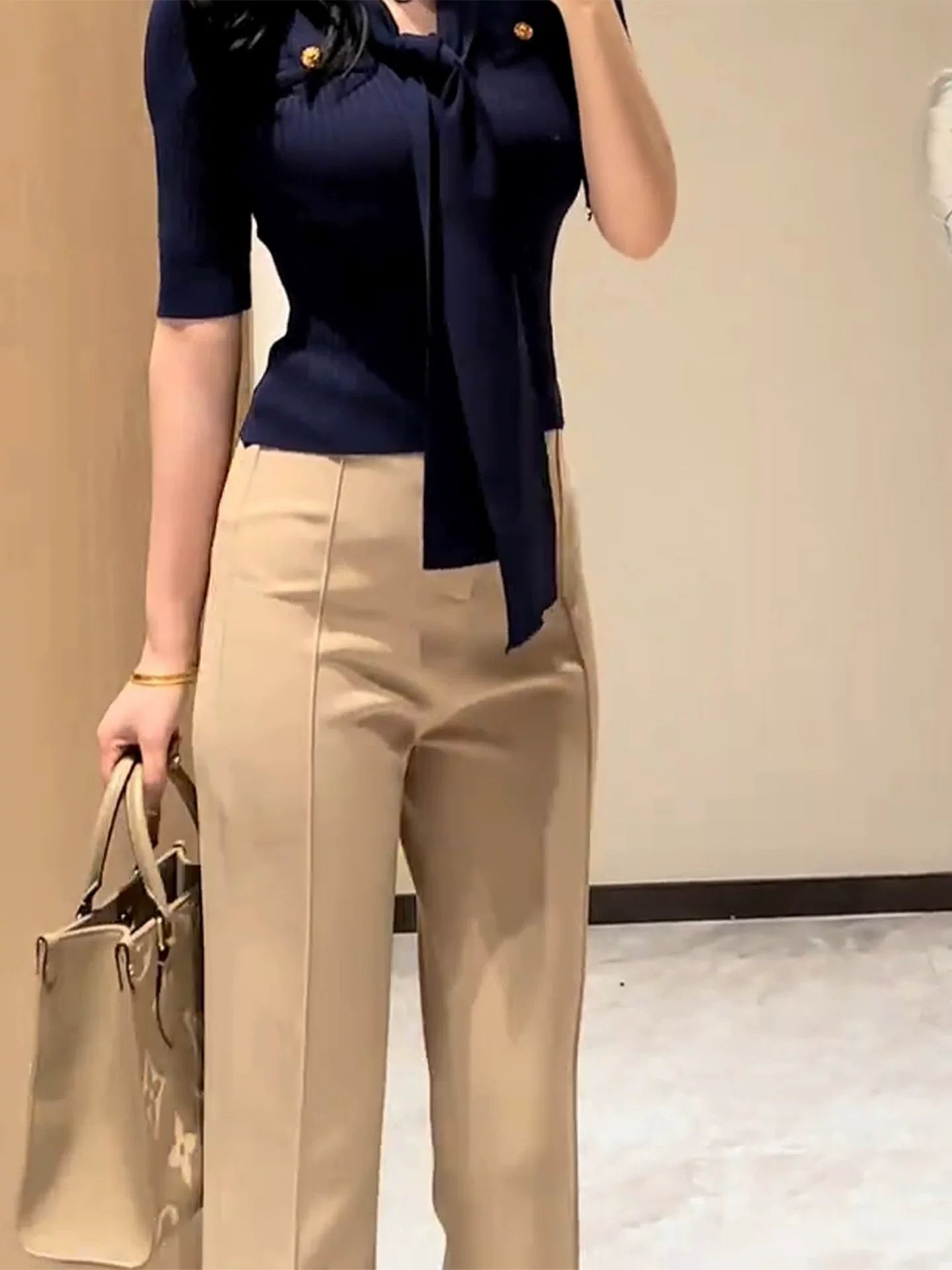 Khaki slightly stretched wide-leg pants fe0520
