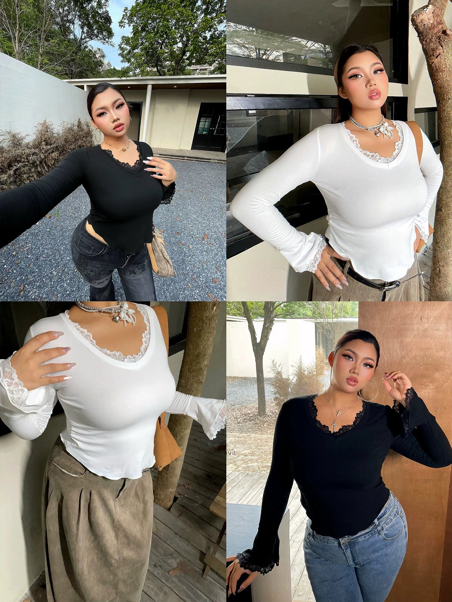 Pure lace splicing horn sleeve T-shirt FE0492