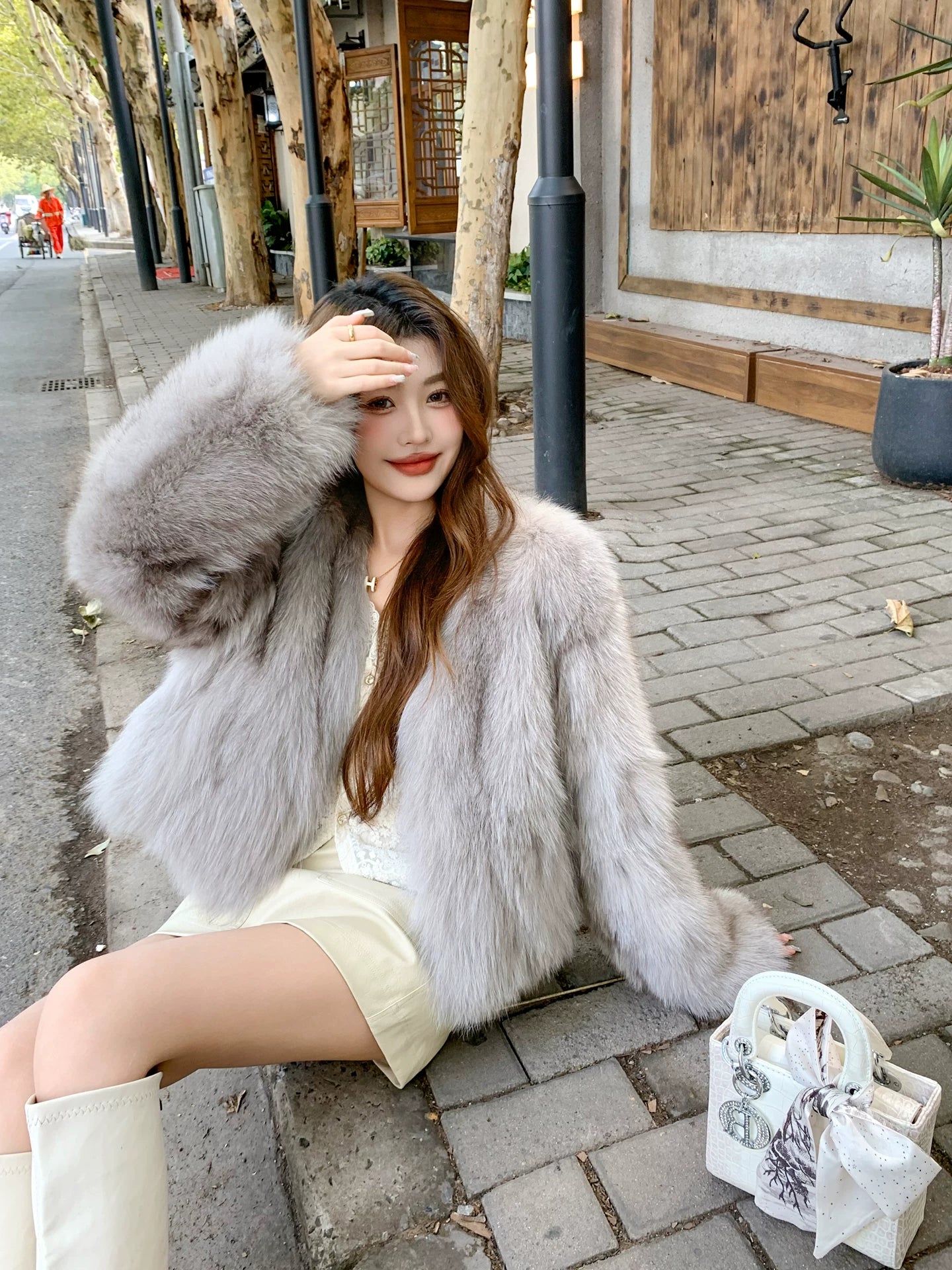 Short V-neck eco-friendly fur fox fur jacket f0305