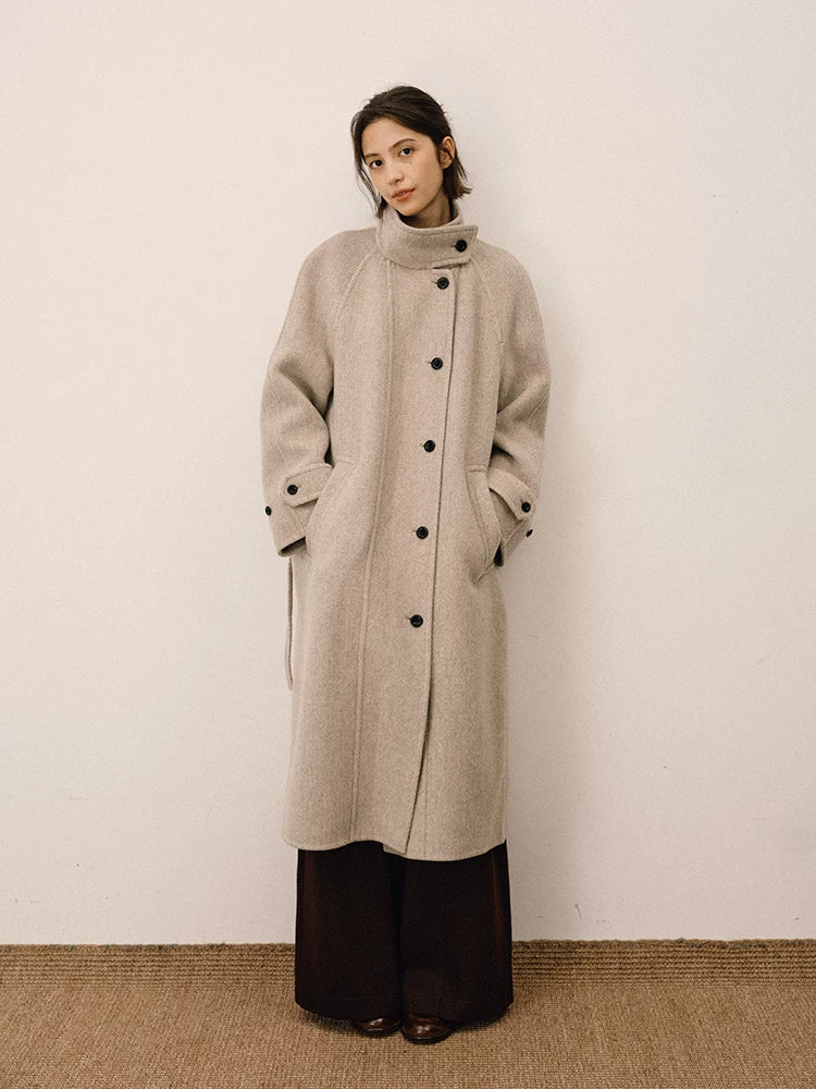 French wool stand-up neck belt long woolen coat f0261