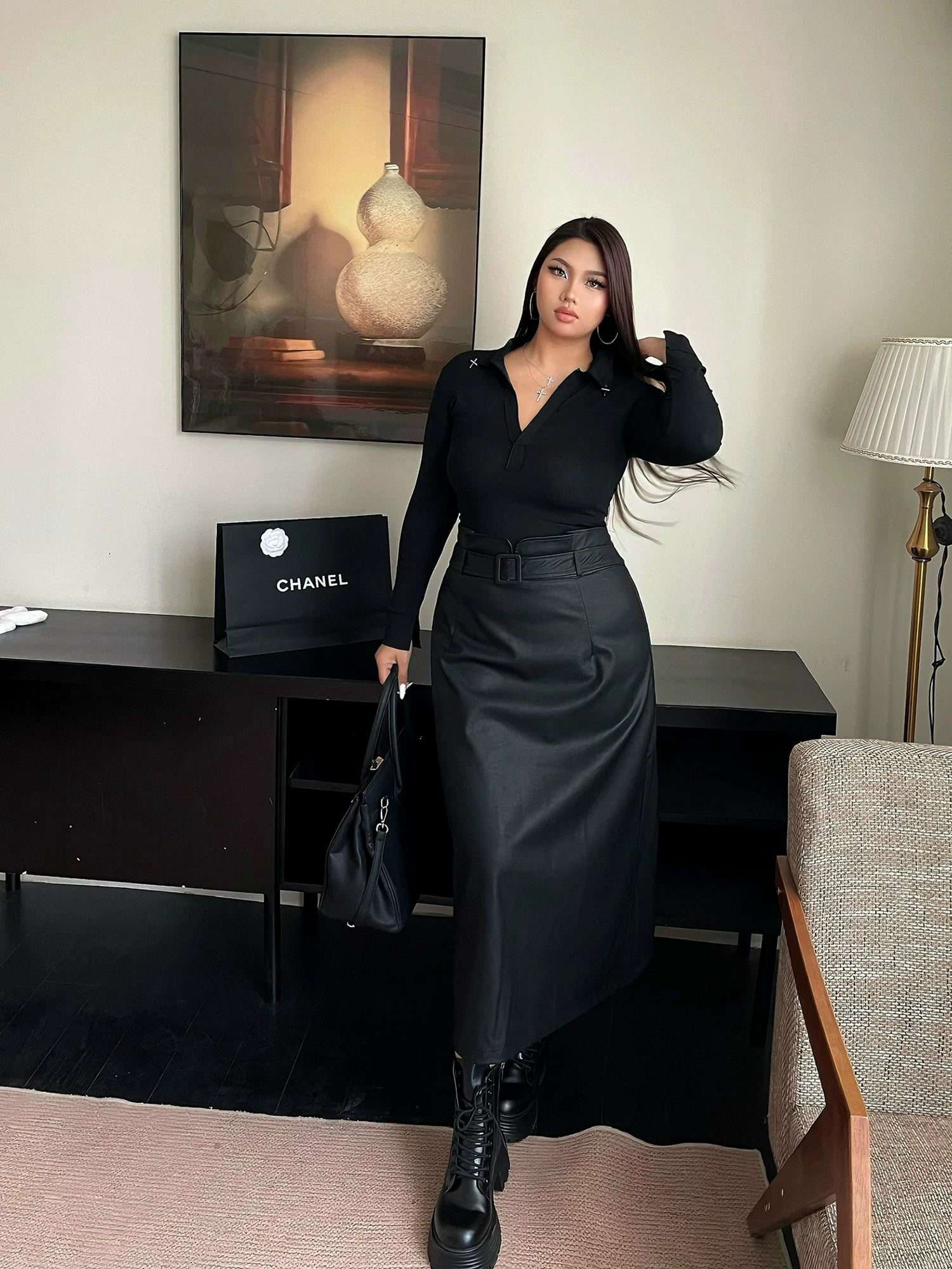 Black high waist hip leather skirt FE0450