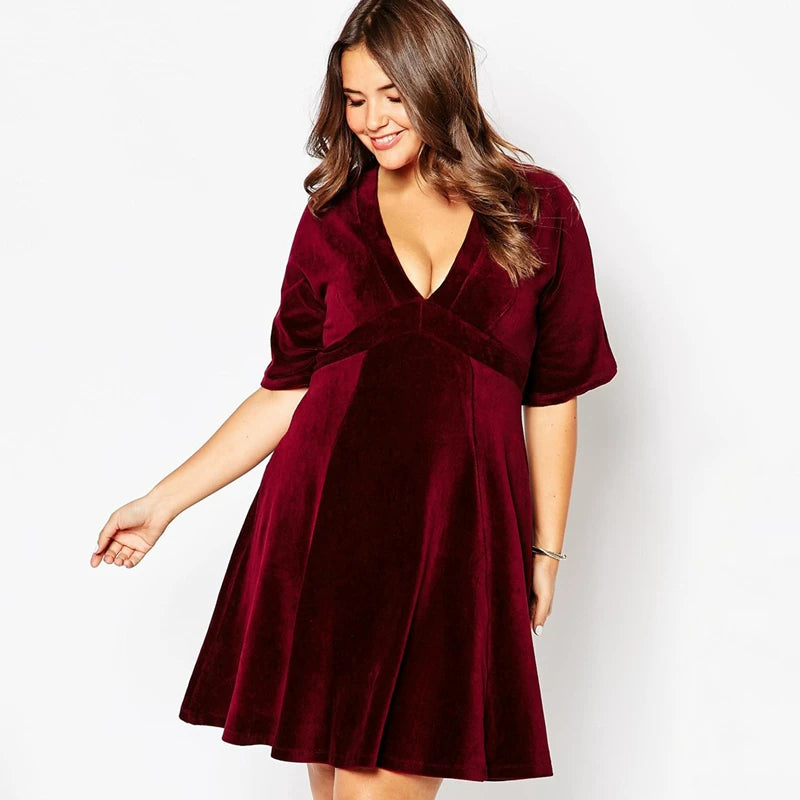 Burgundy Velvet Deep V Short Sleeve Dress F0425