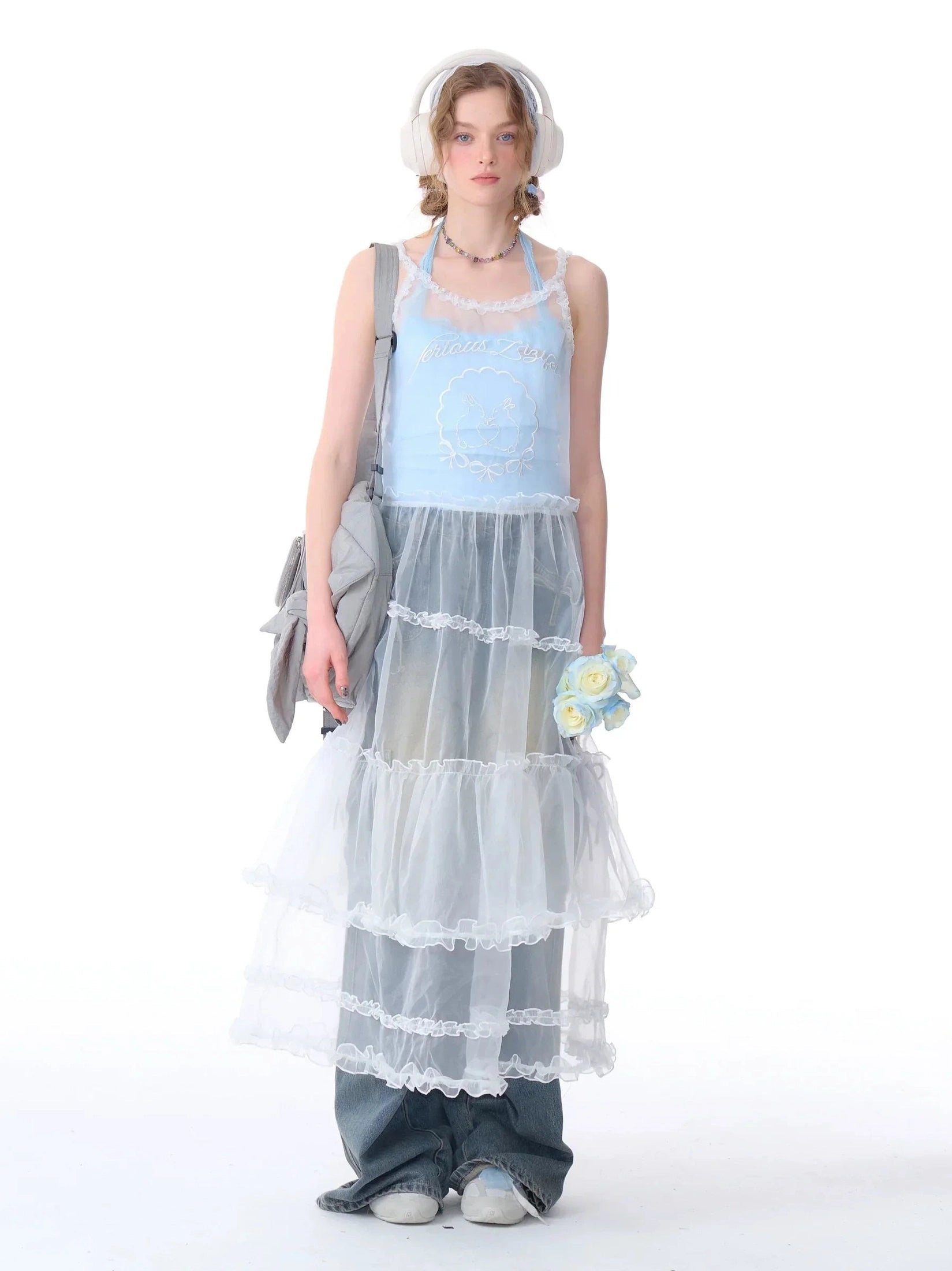 Ribbon-Tie High-Waist Wide-Leg Jeans  f0403