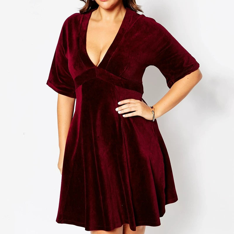 Burgundy Velvet Deep V Short Sleeve Dress F0425
