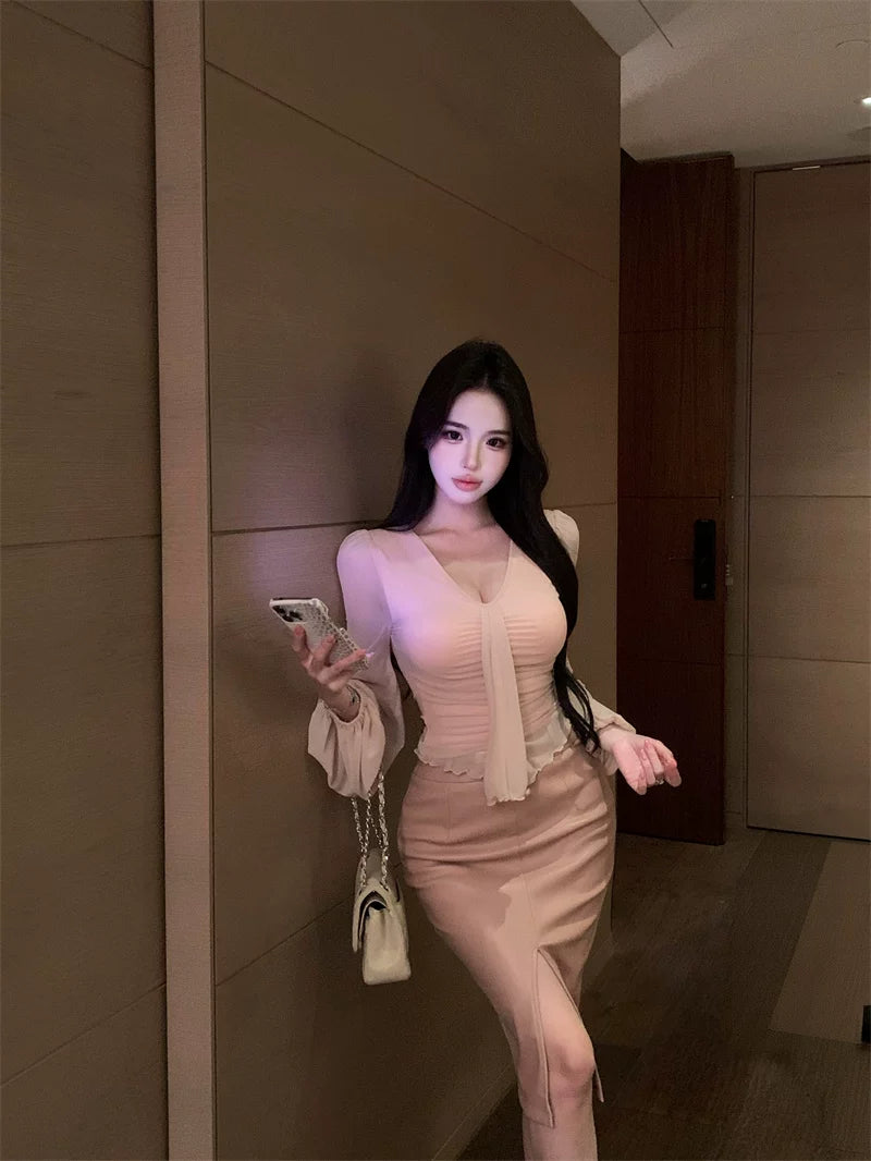 V-neck long-sleeved chiffon T-shirt pu leather belt split hip skirt three-piece set fe0514