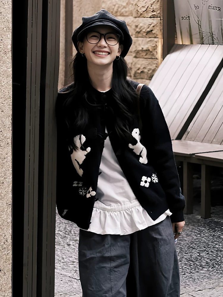 Black retro horn buckle knitted cardigan f0273