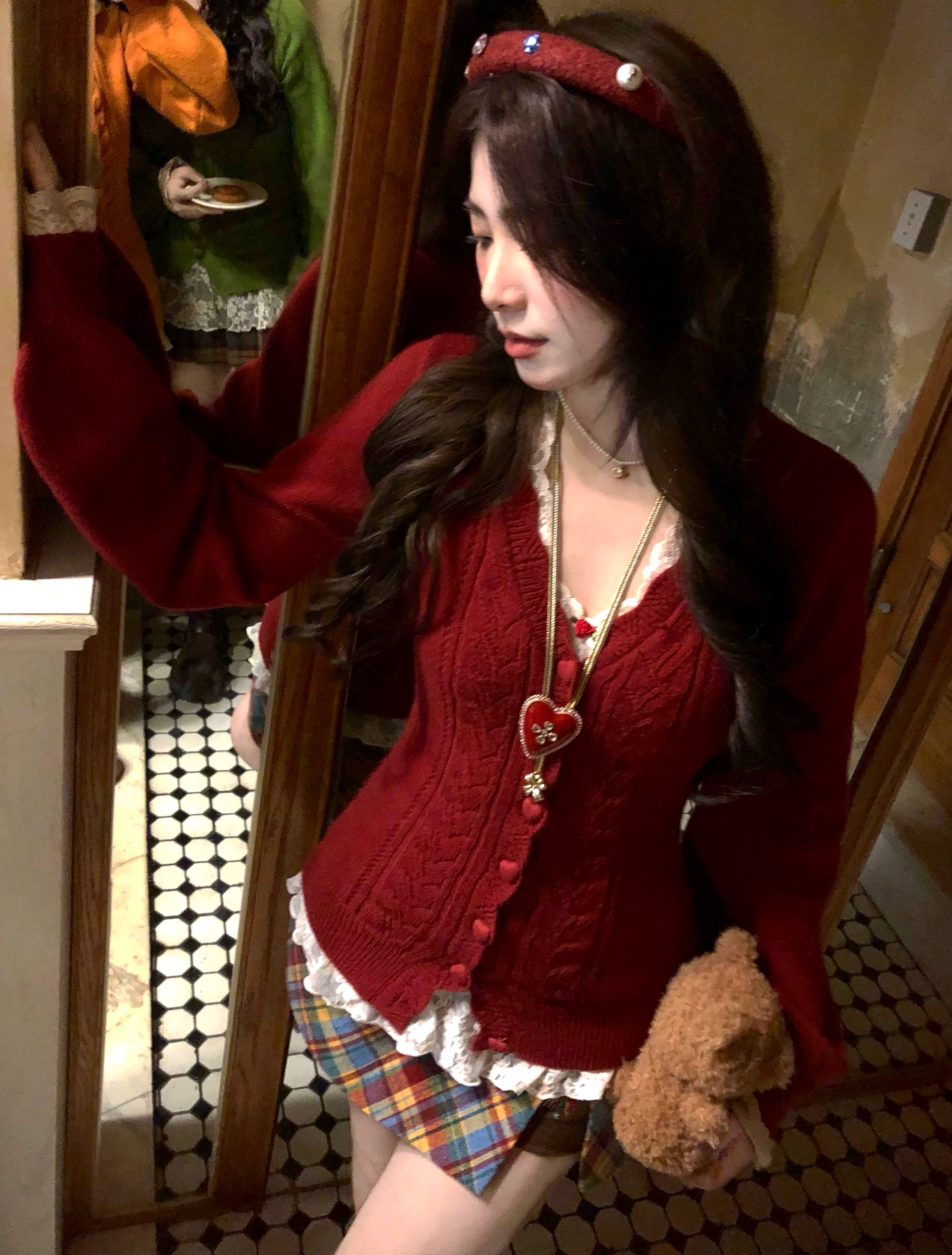 Autumn and winter v-neck love button sweater f0417