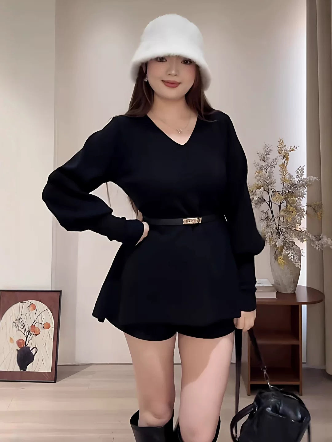 V-neck waist lantern sleeve knitted sweater FE0513