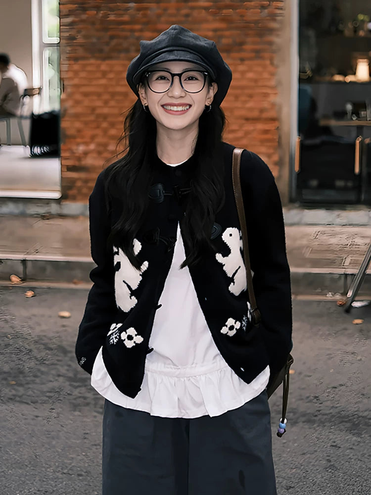 Black retro horn buckle knitted cardigan f0273