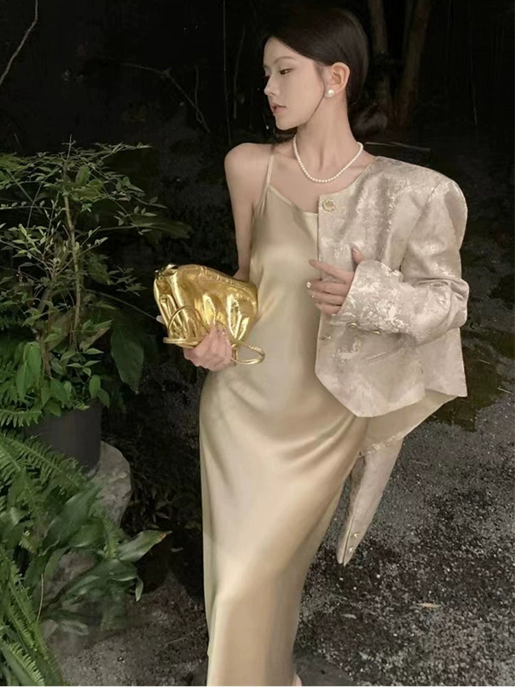 Champagne satin dress C0245