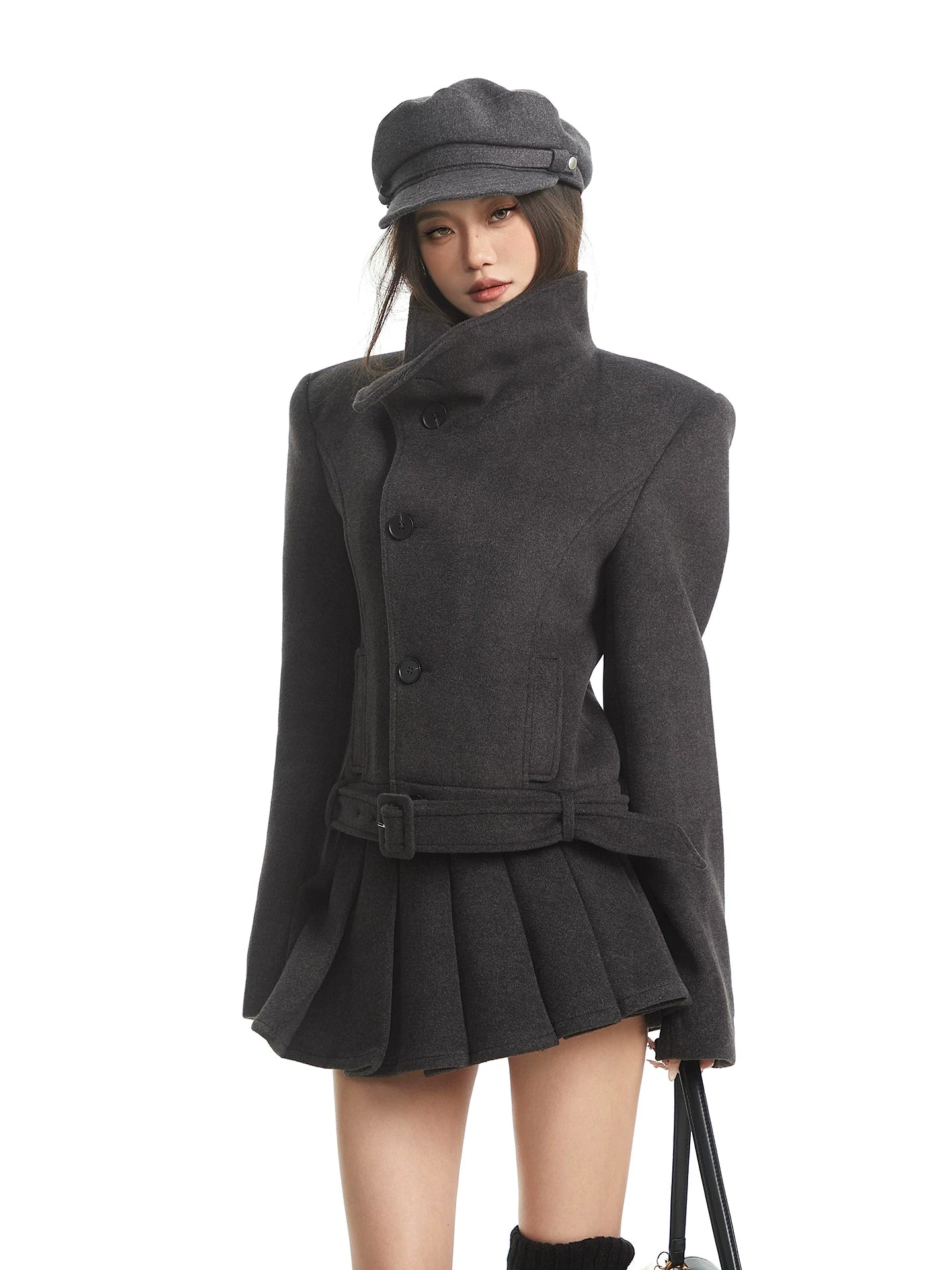 Grey waist woolen jacket  pleated A word skirt two-piece set fe0464