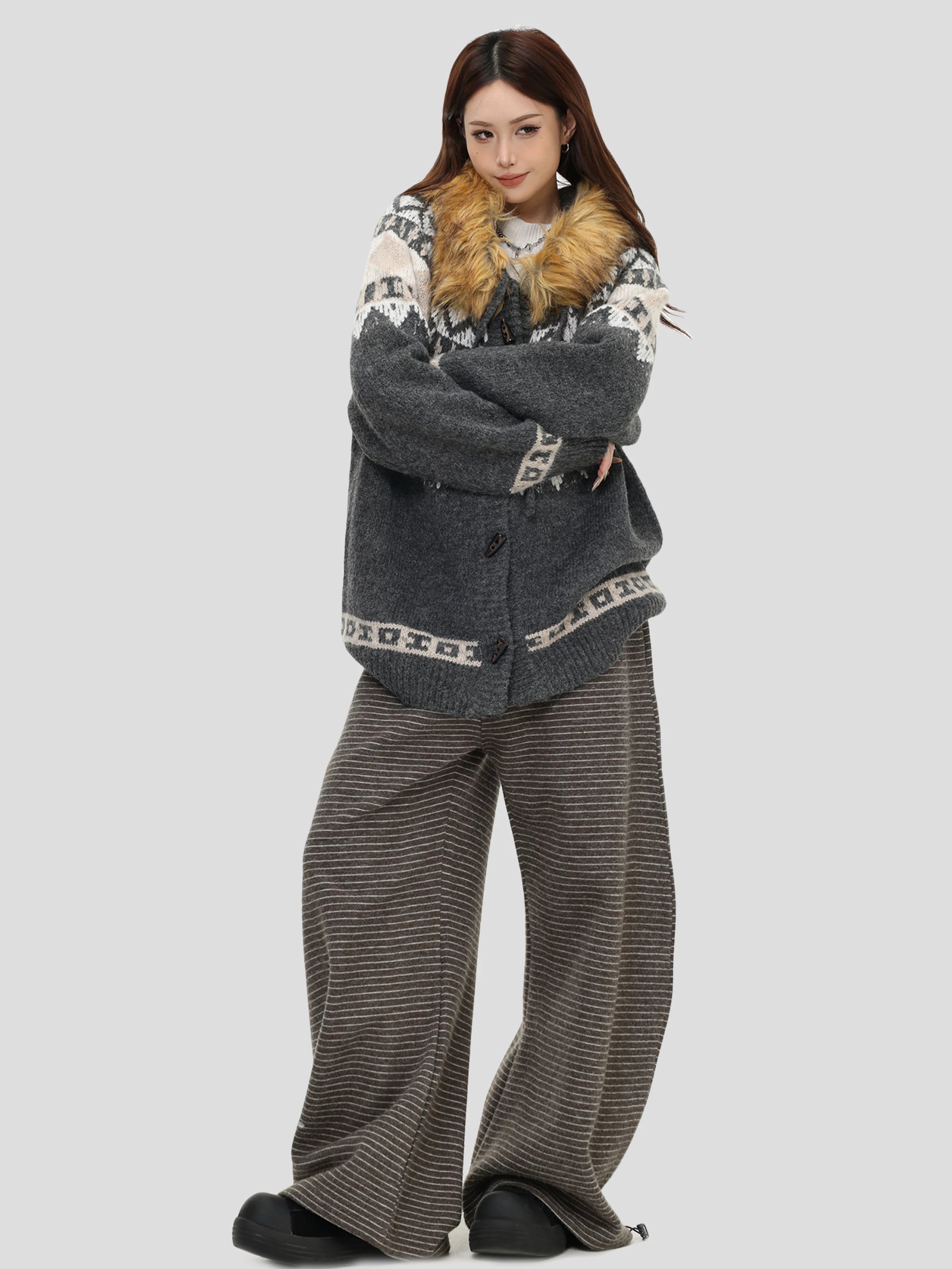 Removable fur collar fair island sweater f0419