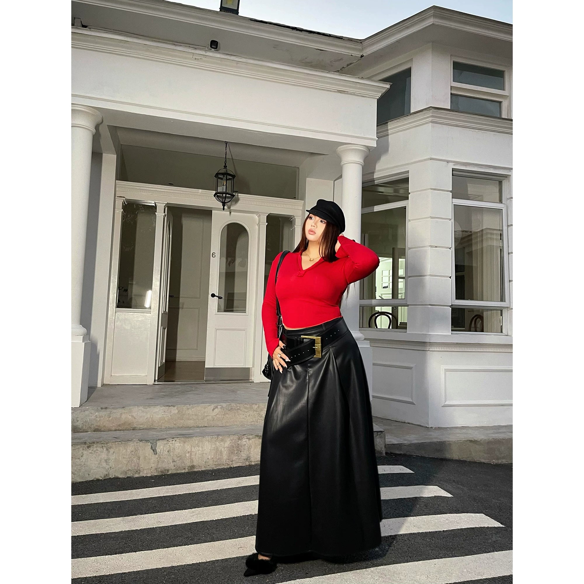Black high waist A word PU leather skirt FE0497