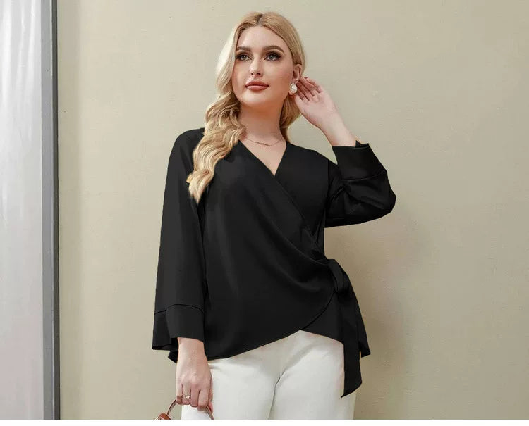 Irregular V-neck lace-up waist shirt F0427