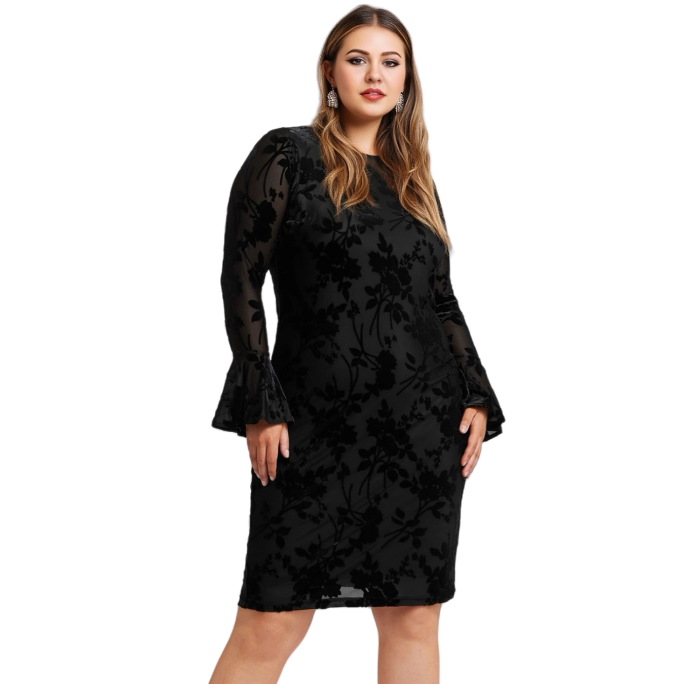 French Flared Sleeve Flocking Medium Long Hip Wrap Skirt F0430