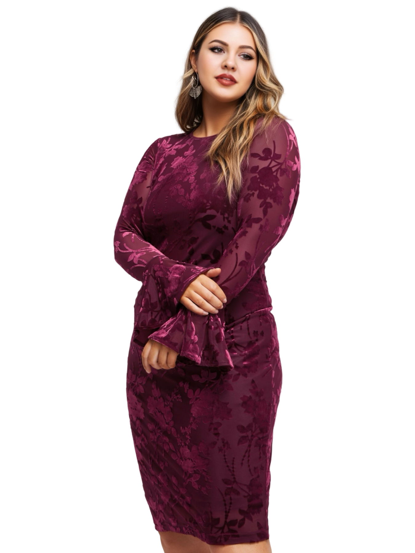 French Flared Sleeve Flocking Medium Long Hip Wrap Skirt F0430