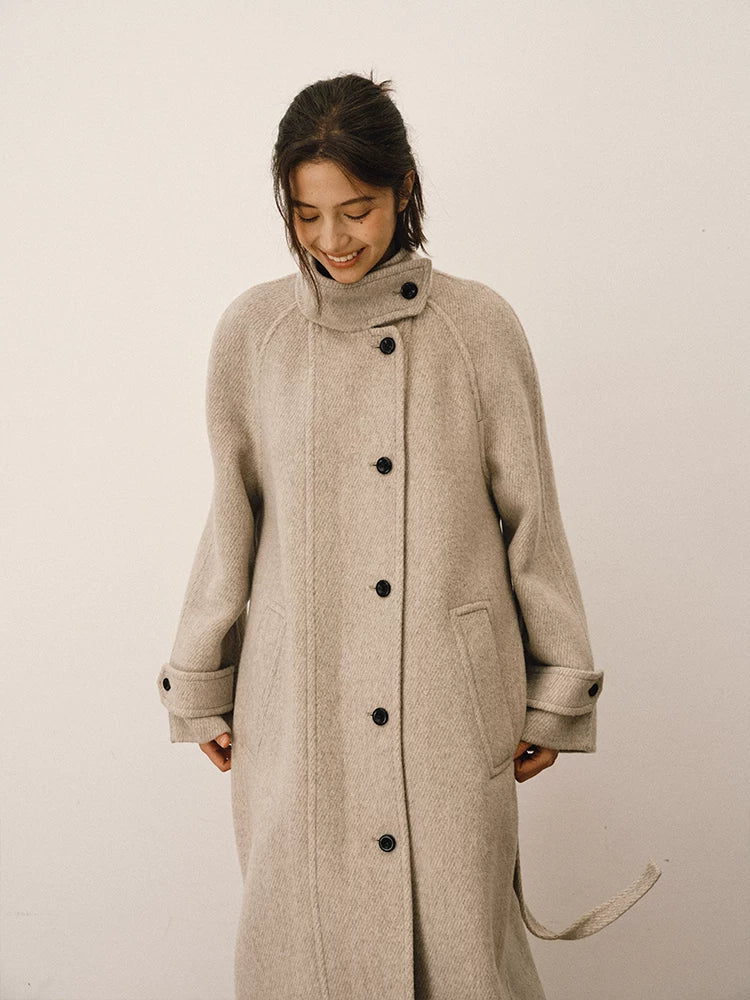 French wool stand-up neck belt long woolen coat f0261
