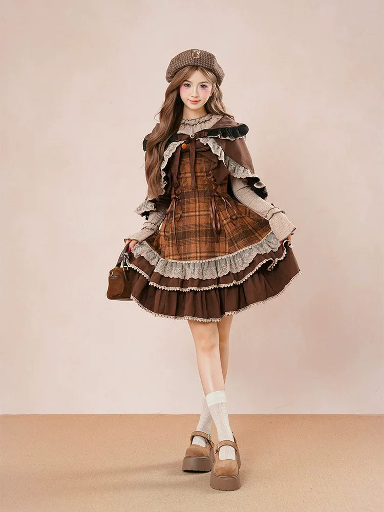 Lolita cape knitted top plaid dress set FE0489