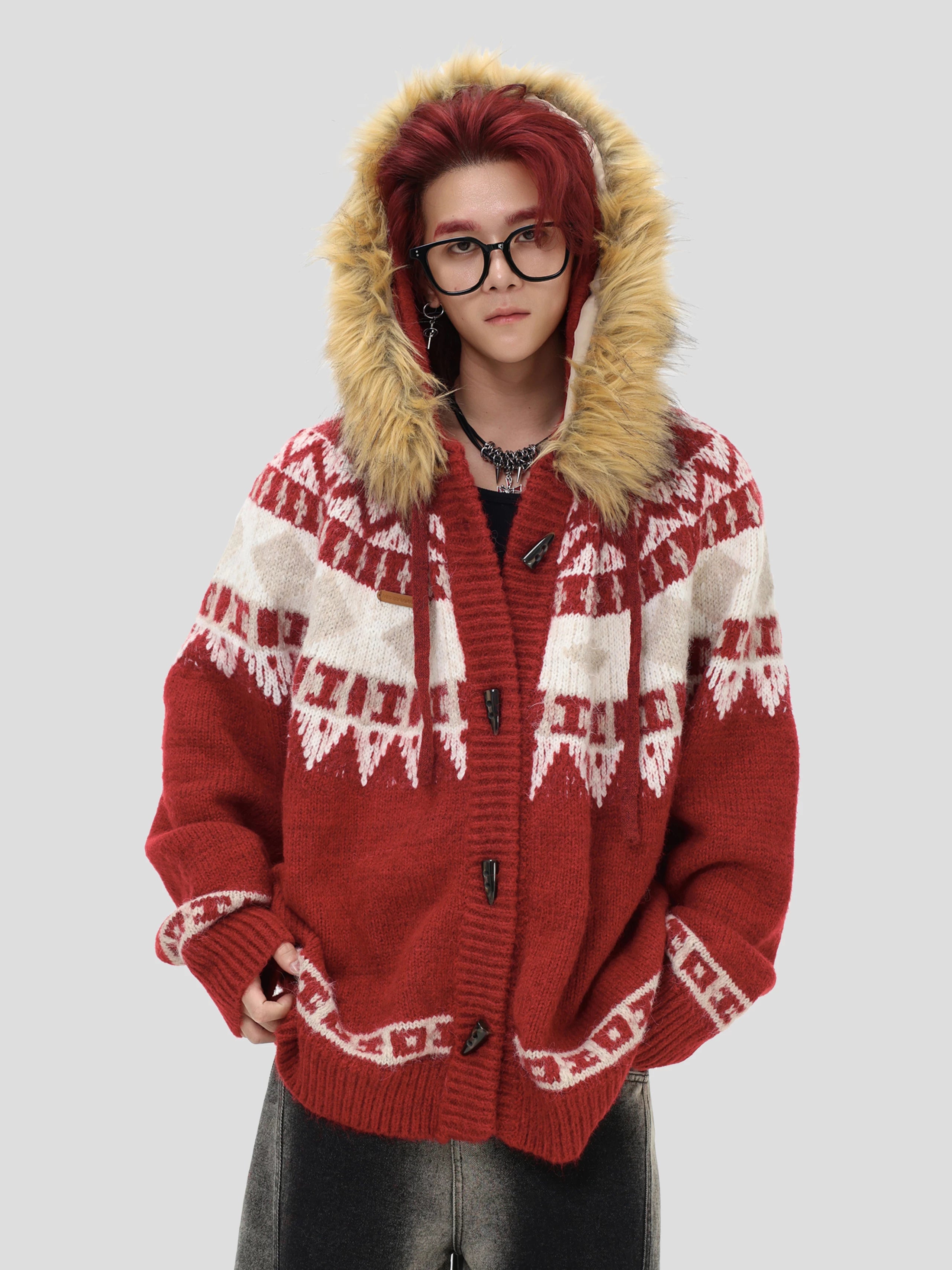 Removable fur collar fair island sweater f0419