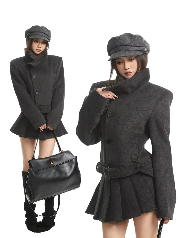 Grey waist woolen jacket  pleated A word skirt two-piece set fe0464