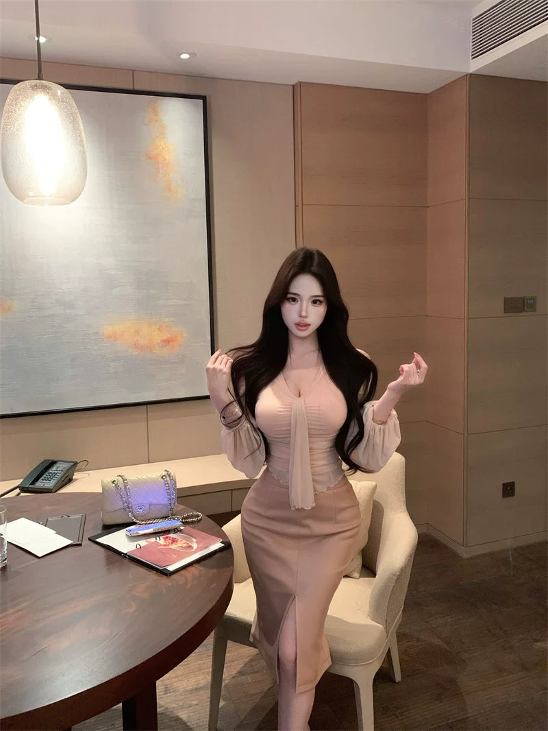 V-neck long-sleeved chiffon T-shirt pu leather belt split hip skirt three-piece set fe0514