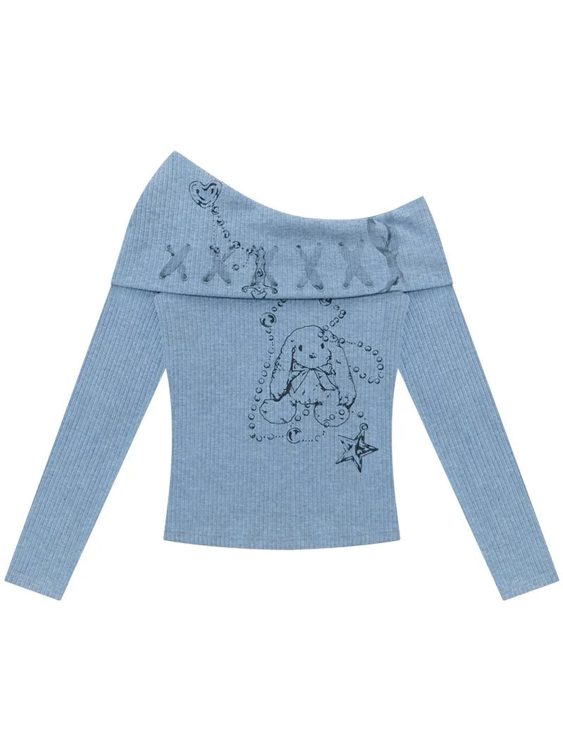 Bunny-Print Off-Shoulder Long Sleeve Top f0356