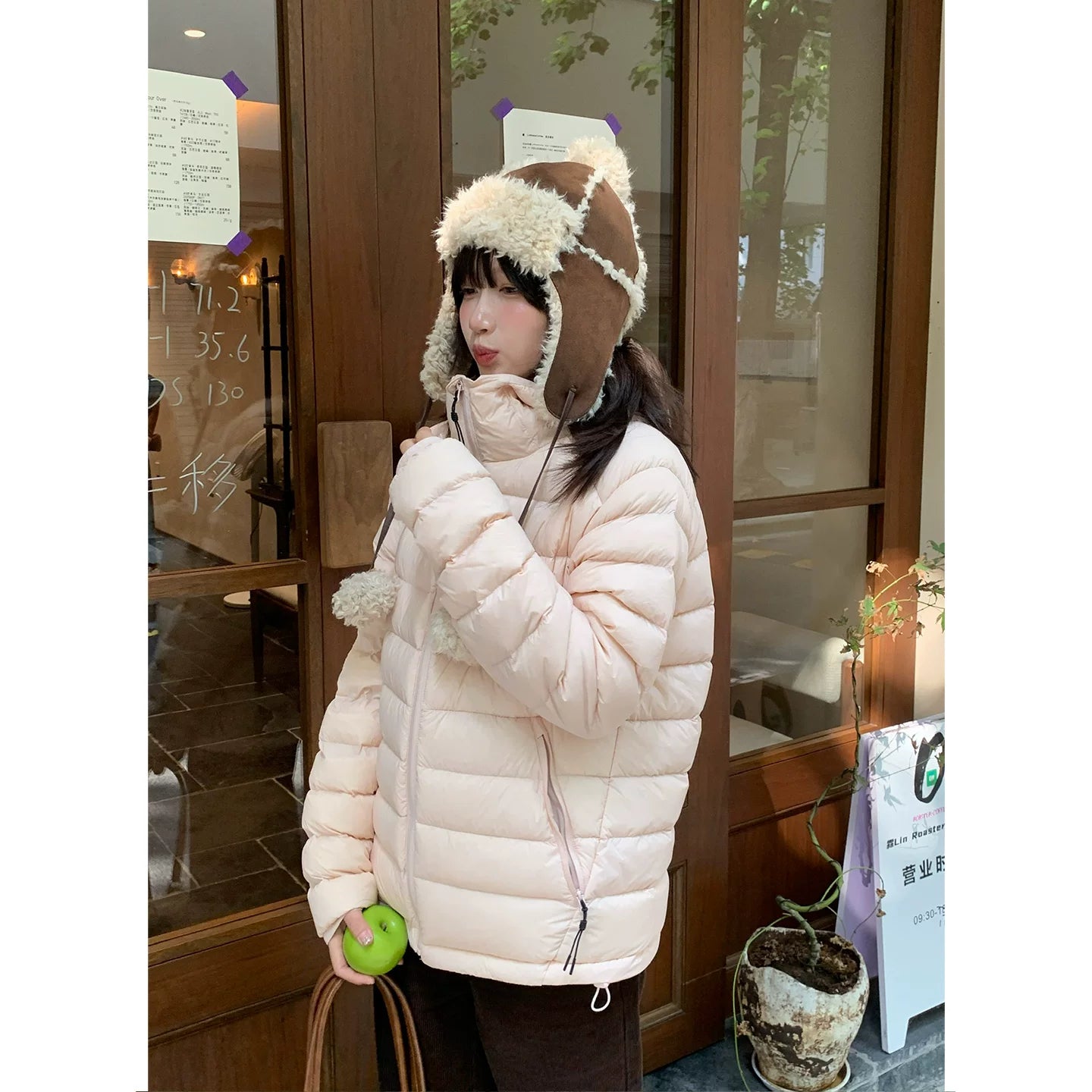 Pink hooded down jacket f0418