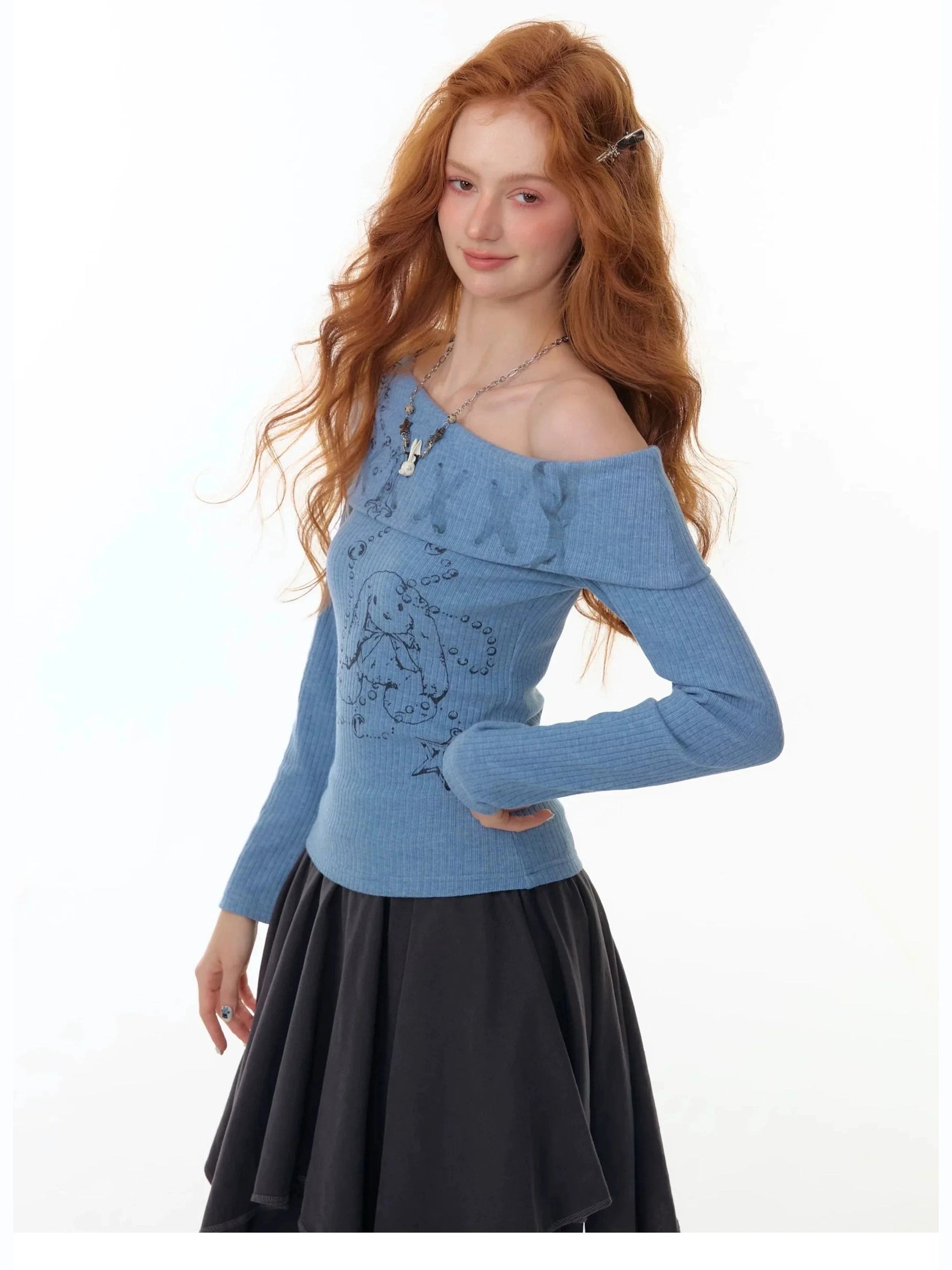 Bunny-Print Off-Shoulder Long Sleeve Top f0356